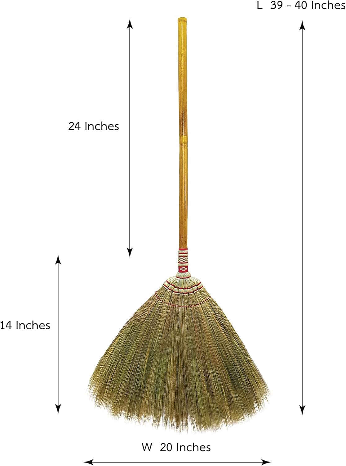 Indoor Grass Broom 40 Inch with Bamboo Handled Brooms for Floor Cleaning, Smooth & Hard Floor - Sweeping Tool Unique Handmade Craft Broom Design for Home, Kitchen, Office, Courtyard, Tiled Floor