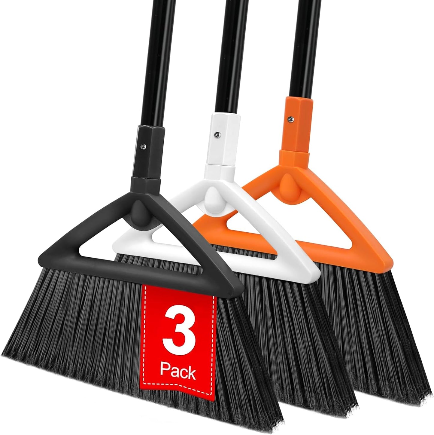 3PCS Outdoor Indoor Broom, Brooms for Sweeeping Indoor, Heavy-Duty Kitchen Broom with Long Pole, Angle Broom for Garages Restaurant Courtyard Office Lobby Sweep Dust (Black-White-Yellow)