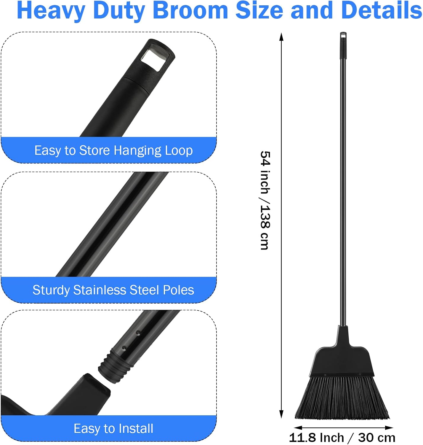Roshtia 10 Pcs Heavy Duty Broom Bulk 54 Inch Outdoor Indoor Commercial Brooms with Adjustable Long Handle Floor Cleaning Supplies for Courtyard Garage Lobby Patio Shop Home Office(Black)