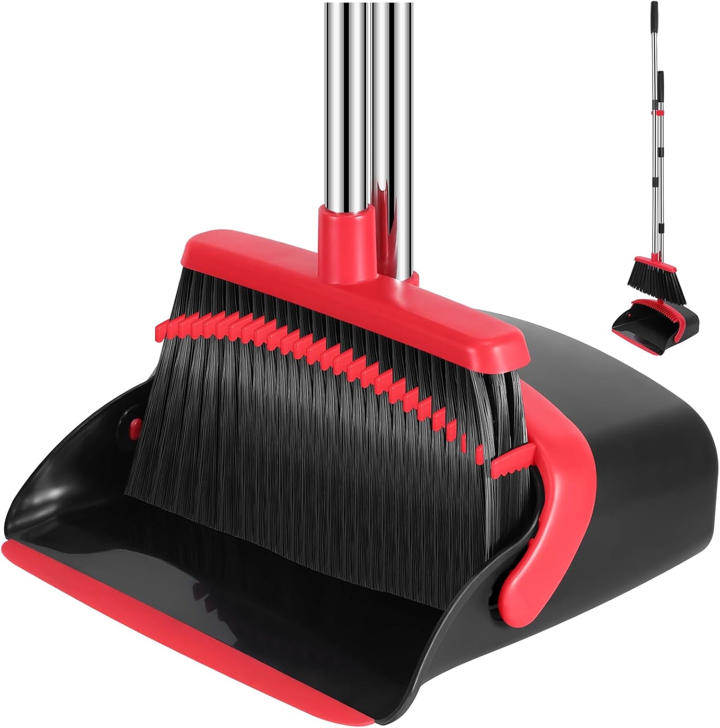 NACENA Broom and Dustpan Set, 52-in Long Adjustable Handle Broom Dustpan Combo with Dustpan Teeth to Automatically Clean Hair Suitable for Home Kitchen Office Hall Floor (Black&Red), 2 Pack