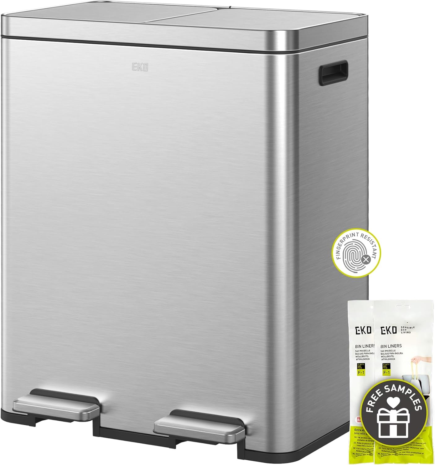 EKO EcoCasa II 36L+24L Dual Trash Can with Recycle Bin, Stainless Steel Garbage Can with Lid, Deodorizer Compartment, Odor-Proof and Fingerprint Resistant