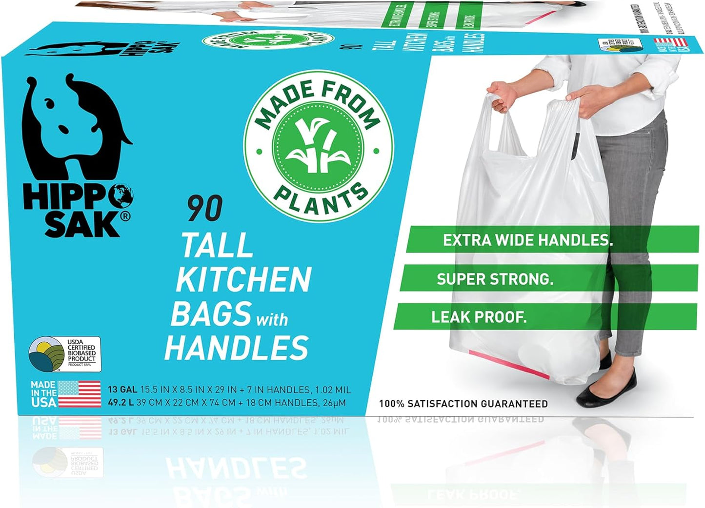 Hippo Sak - Plant Based Tall Kitchen Garbage Bags with Ergonomic Handles - 13 Gallon Trash Bags - Recyclable & Eco Friendly - Super Strong and Leak Proof Tall Kitchen Trash Bags (90 Count)