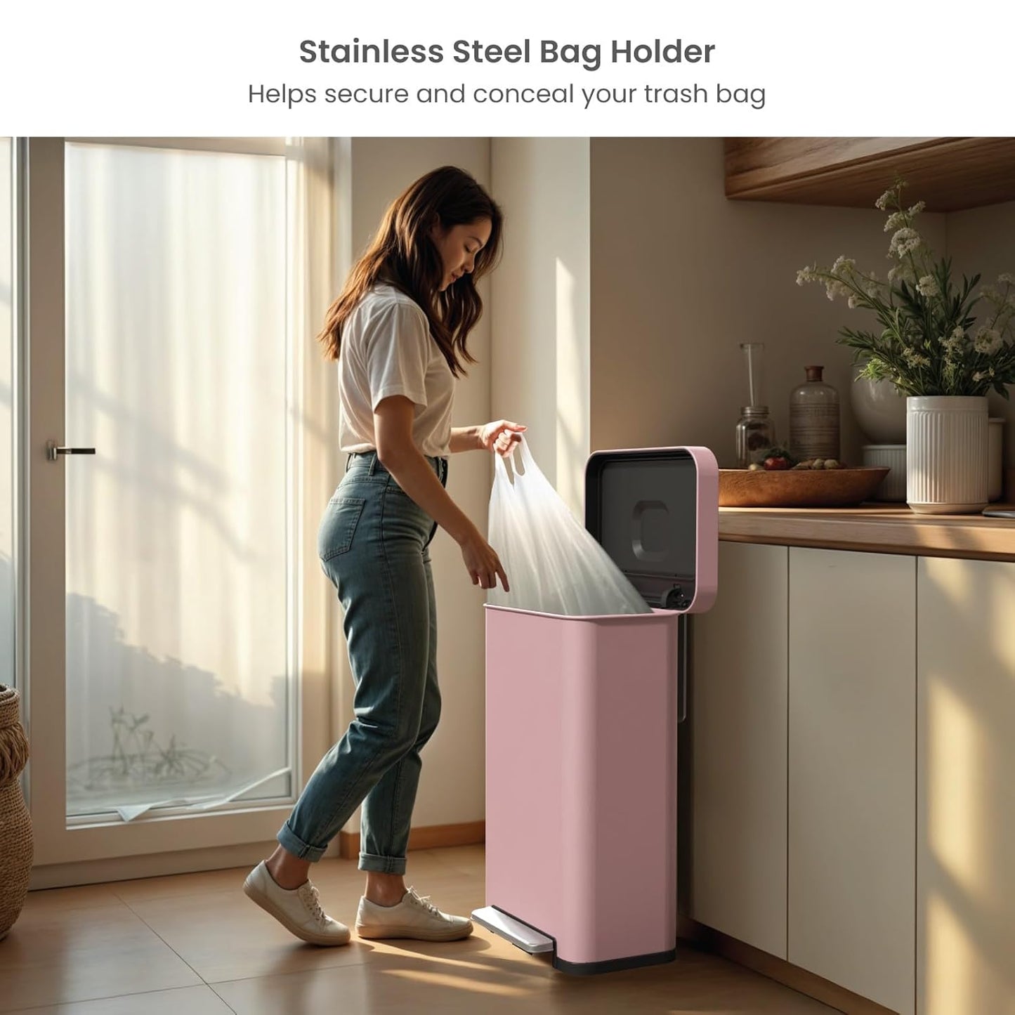 Home Zone Living 18.5 Gallon Large Stainless Steel Trash Can with Slow Closing Lid and Wide Opening, Virtuoso Collection, Pink