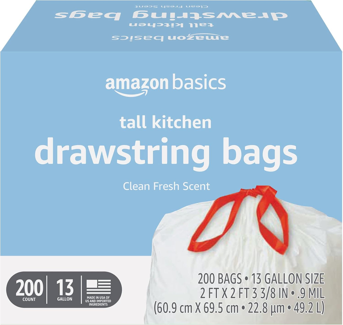 Amazon Basics Trash Bags, Tall Kitchen Drawstring, Unscented, 13 Gallon, 120 Count, Pack of 1