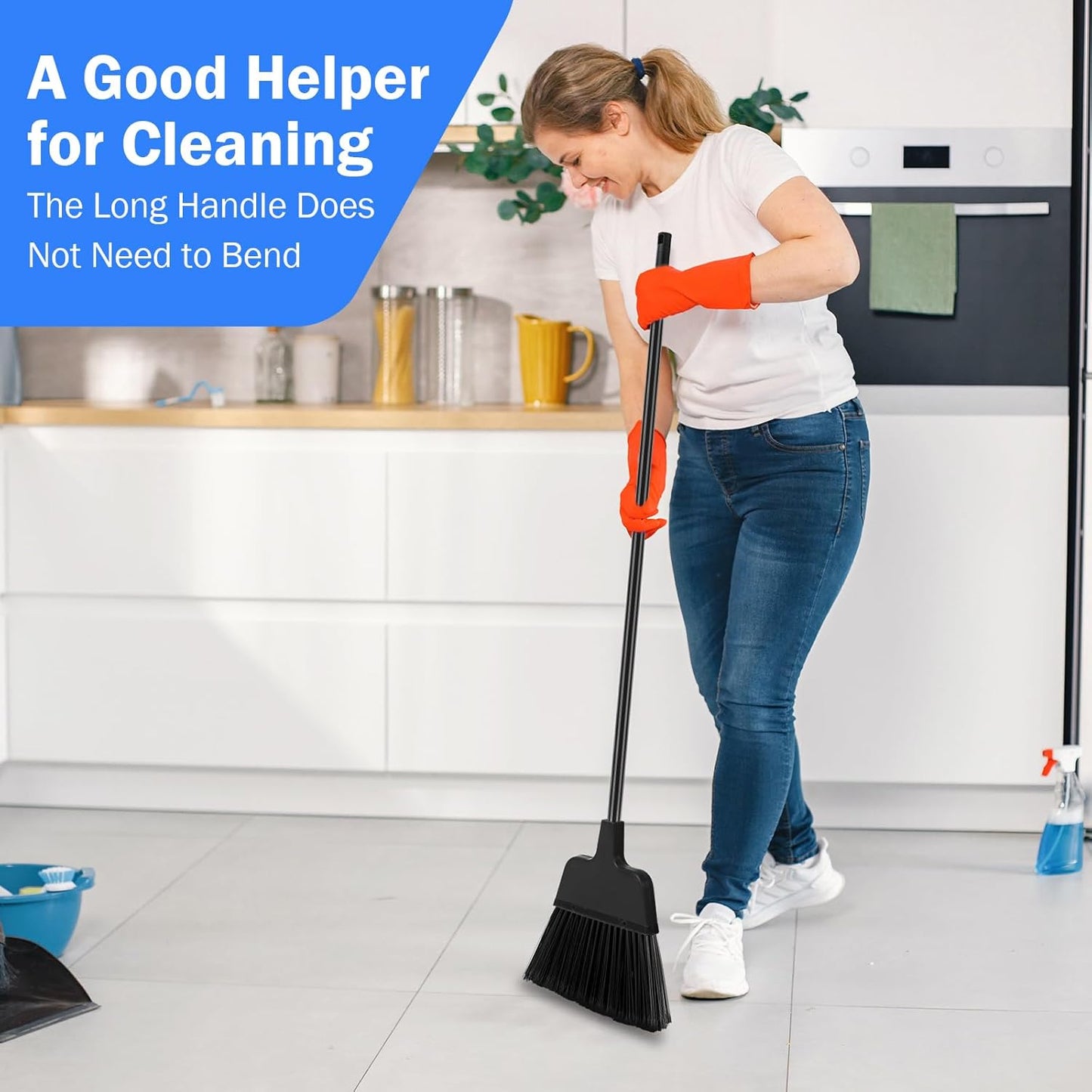 Roshtia 10 Pcs Heavy Duty Broom Bulk 54 Inch Outdoor Indoor Commercial Brooms with Adjustable Long Handle Floor Cleaning Supplies for Courtyard Garage Lobby Patio Shop Home Office(Black)
