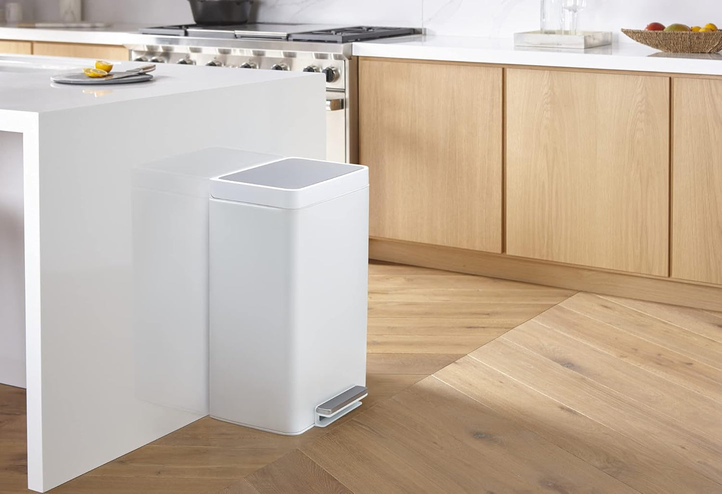 KOHLER 13-Gallon Stainless Steel Step Trash Can, White Stainless Steel, Hands-Free Pedal, Quiet-Close Lid, Fingerprint-Resistant, Durable, K-20940-STW