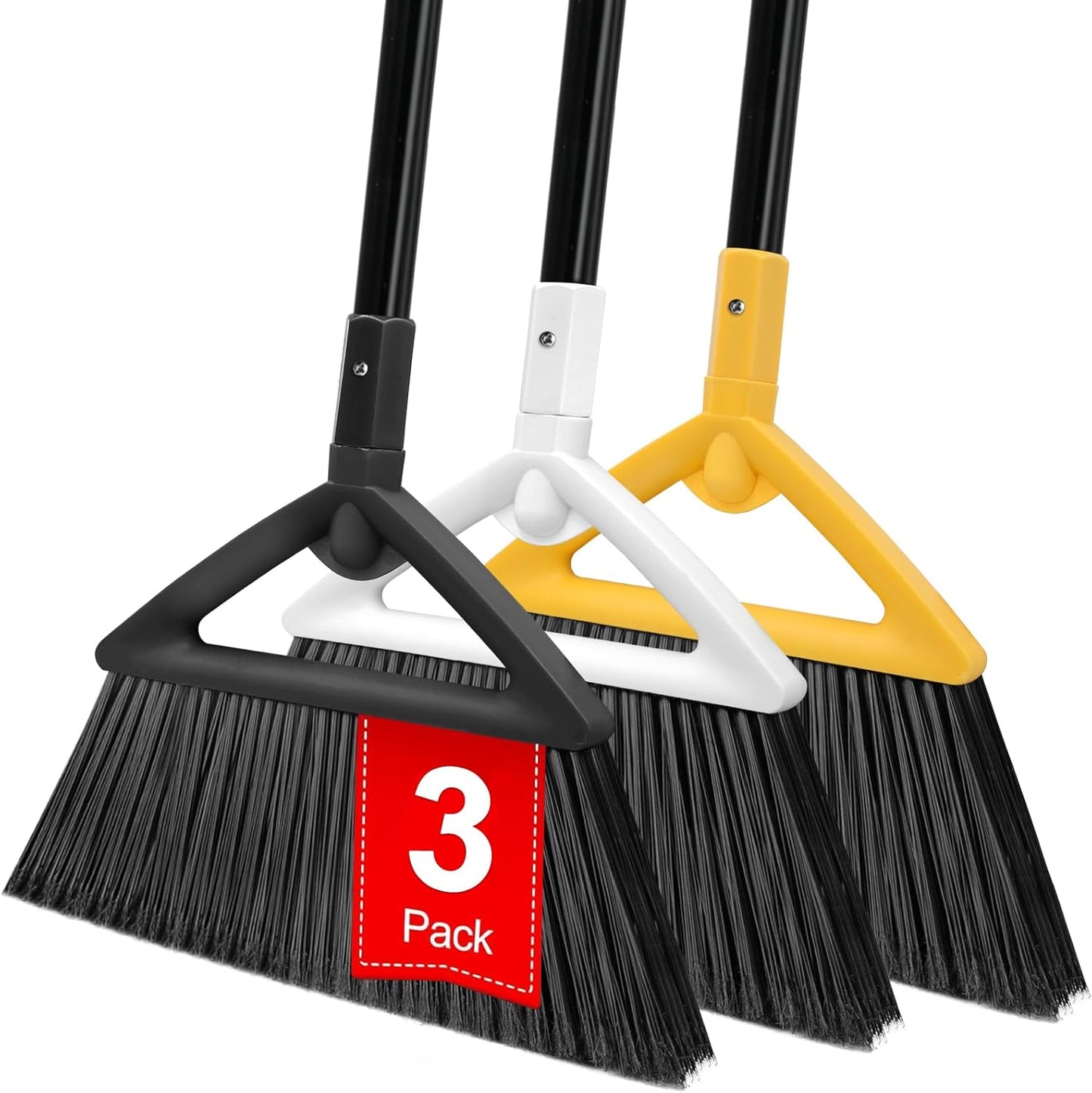 3PCS Outdoor Indoor Broom, Brooms for Sweeeping Indoor, Heavy-Duty Kitchen Broom with Long Pole, Angle Broom for Garages Restaurant Courtyard Office Lobby Sweep Dust (Black-White-Yellow)