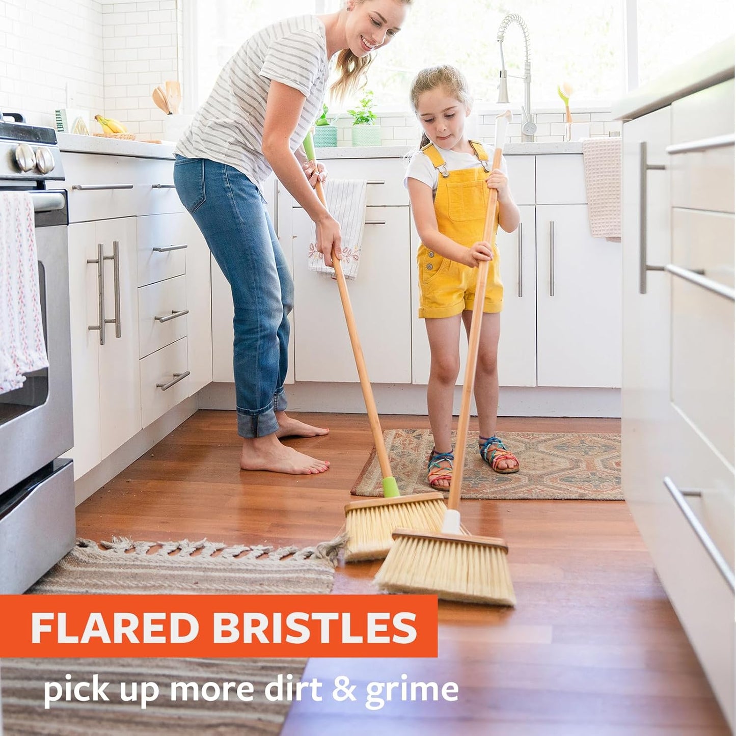 Full Circle Clean Sweep Bamboo Broom - Angled for Precision in Tight Spaces, with Recycled Stiff Bristles for Indoor & Outdoor Cleaning - Ideal for Pet Hair, Kitchen, Hardwood, and Garage, Green