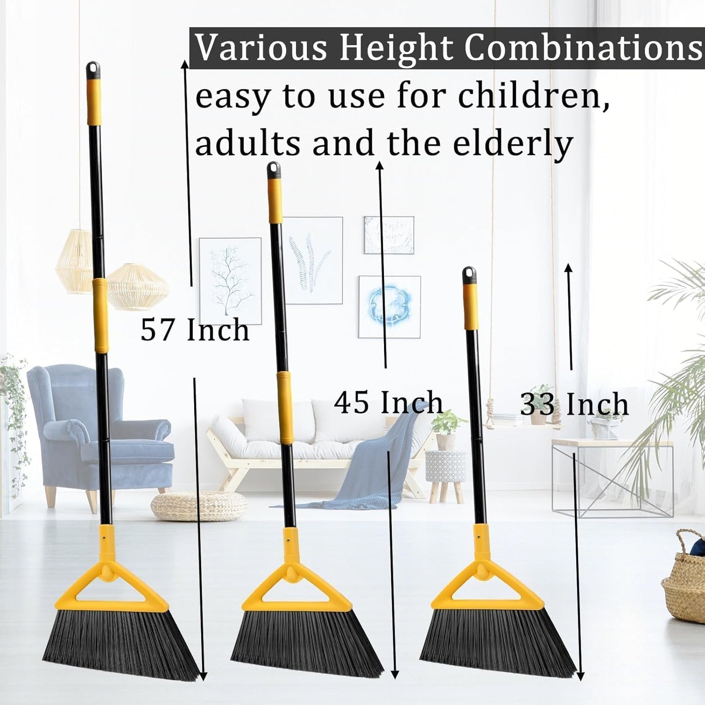 3PCS Outdoor Indoor Broom, Brooms for Sweeeping Indoor, Heavy-Duty Kitchen Broom with Long Pole, Angle Broom for Garages Restaurant Courtyard Office Lobby Sweep Dust (Black-White-Yellow)