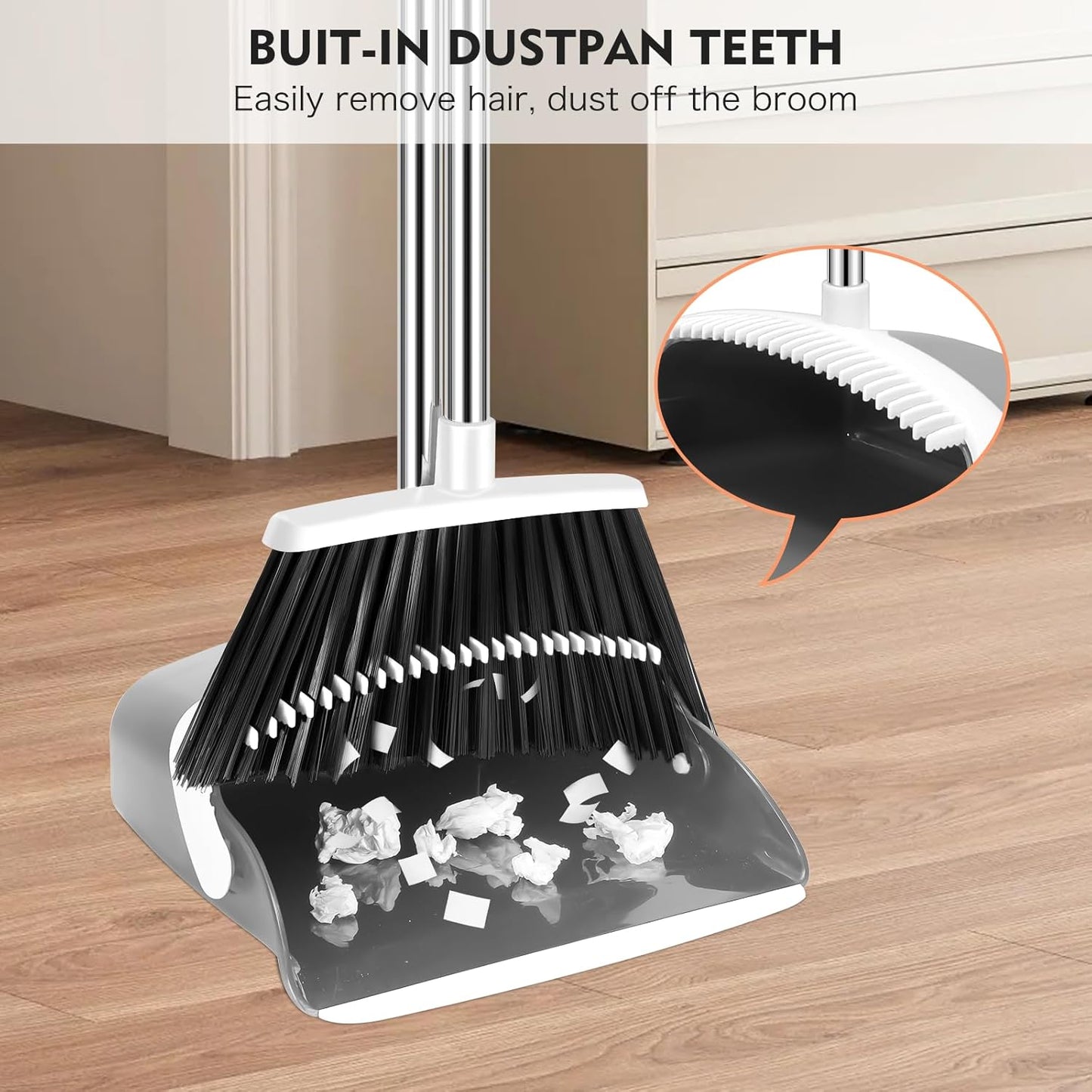NACENA Broom and Dustpan Set, 55-in Long Adjustable Handle Broom Dustpan Combo with Dustpan Teeth to Automatically Clean Hair Suitable for Home Kitchen Office Hall Floor, Large(Grey&White)