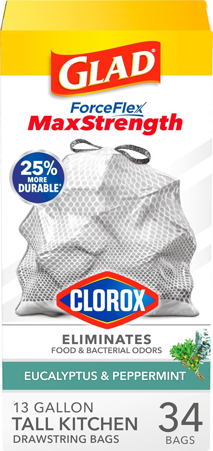 Glad Trash Bags, Tall Kitchen Garbage Bags ForceFlexPlus with Clorox, 13 Gallon, Eucalyptus and Peppermint, 90 Count (Package May Vary)