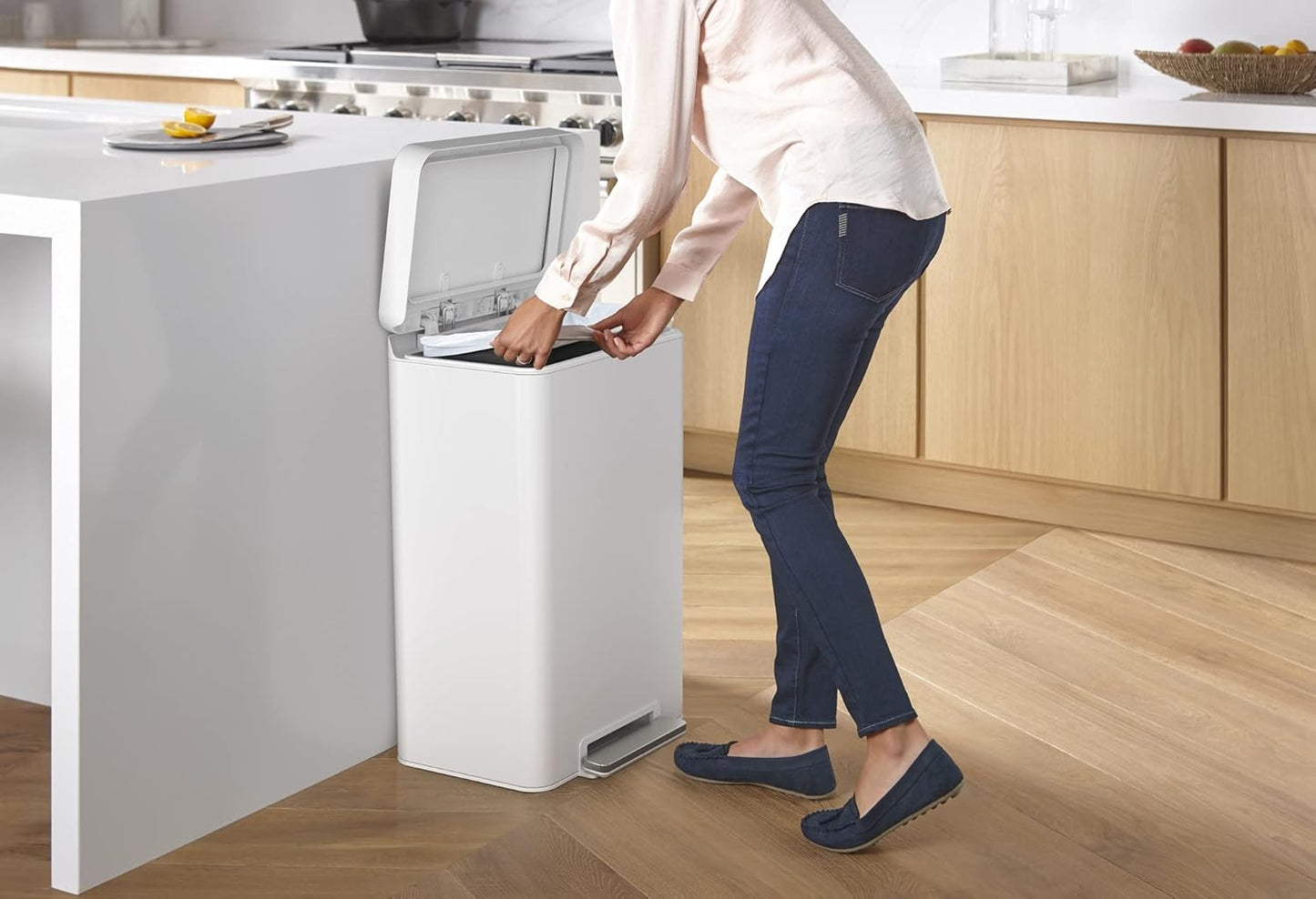 KOHLER 13-Gallon Stainless Steel Step Trash Can, White Stainless Steel, Hands-Free Pedal, Quiet-Close Lid, Fingerprint-Resistant, Durable, K-20940-STW