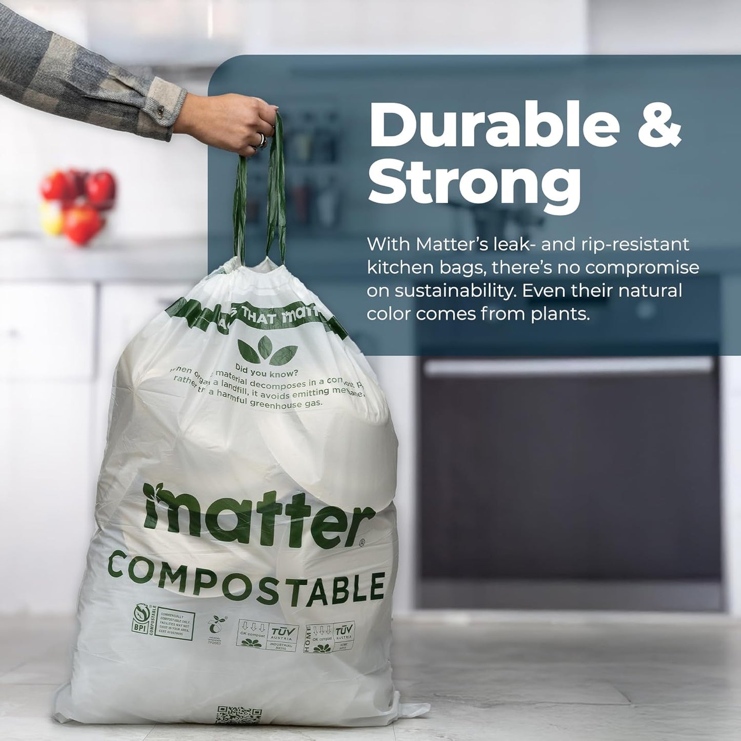 Matter Compostable 13 Gallon Tall Kitchen Trash Bags with Drawstring, Eco-Friendly, Unscented, Durable, Leak-Resistant, 60 Count