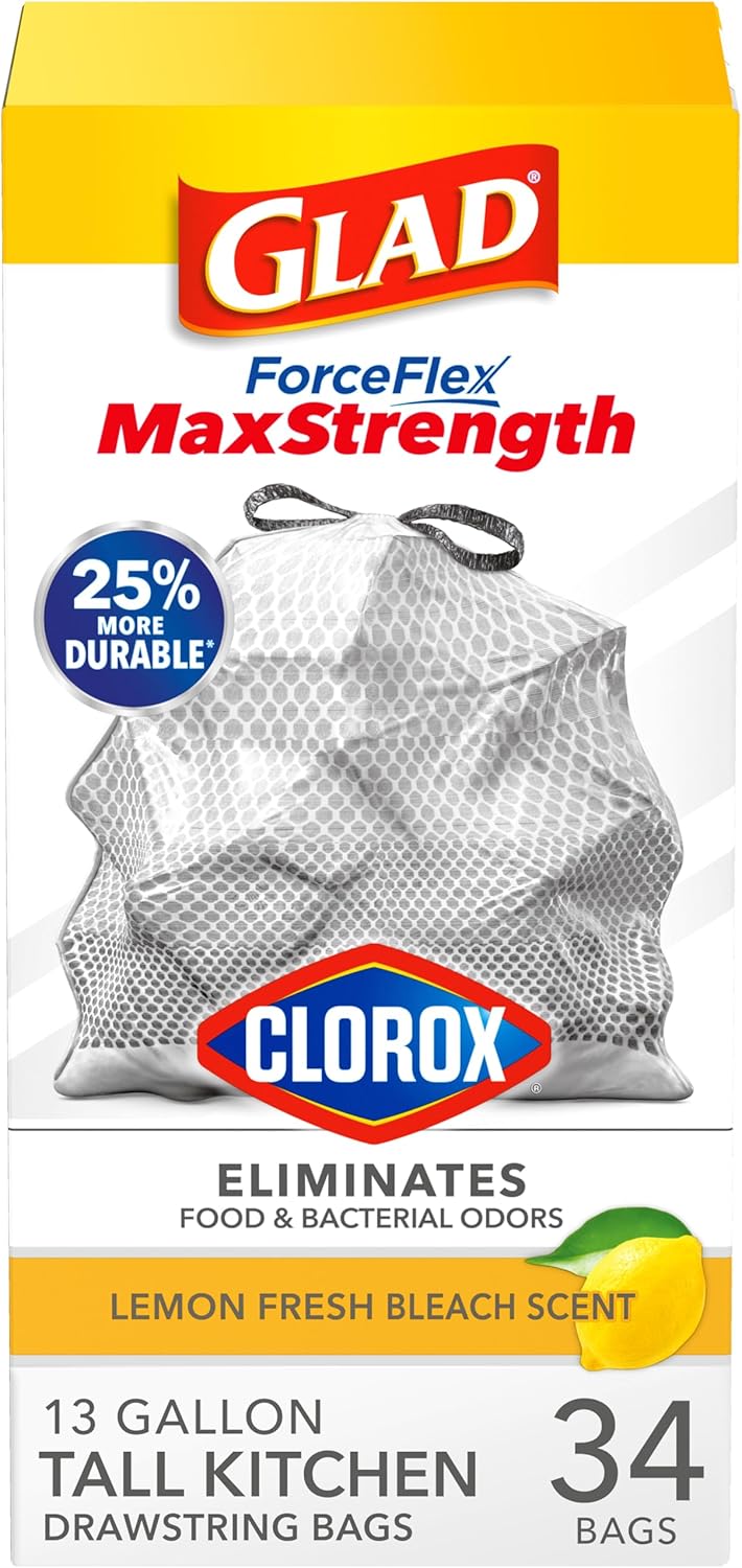 Glad Trash Bags, Tall Kitchen Garbage Bags ForceFlexPlus with Clorox, 13 Gallon, Eucalyptus and Peppermint, 90 Count (Package May Vary)