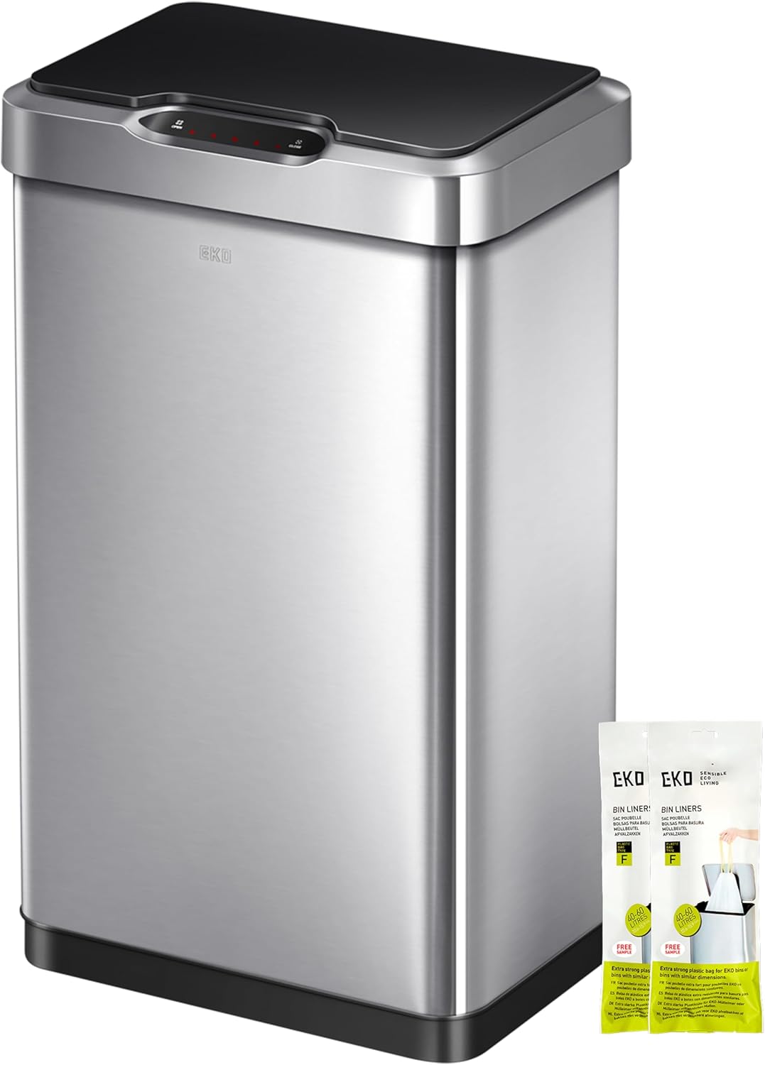 EKO Deluxe Mirage-T 50 Liter / 13.2 Gallon Touchless Rectangular Motion Sensor Trash Can, Matte Stainless Steel Finish