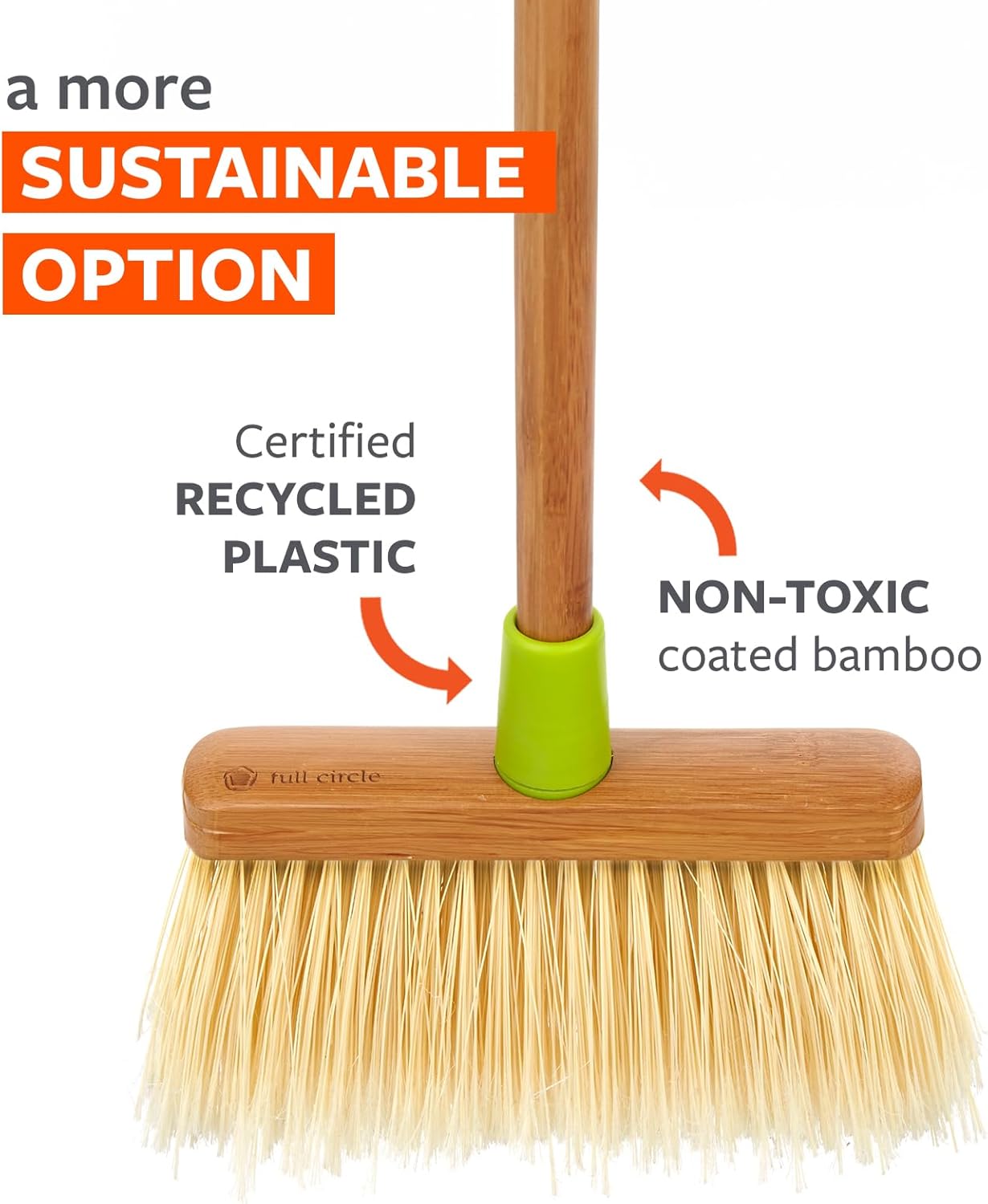Full Circle Clean Sweep Bamboo Broom - Angled for Precision in Tight Spaces, with Recycled Stiff Bristles for Indoor & Outdoor Cleaning - Ideal for Pet Hair, Kitchen, Hardwood, and Garage, Green