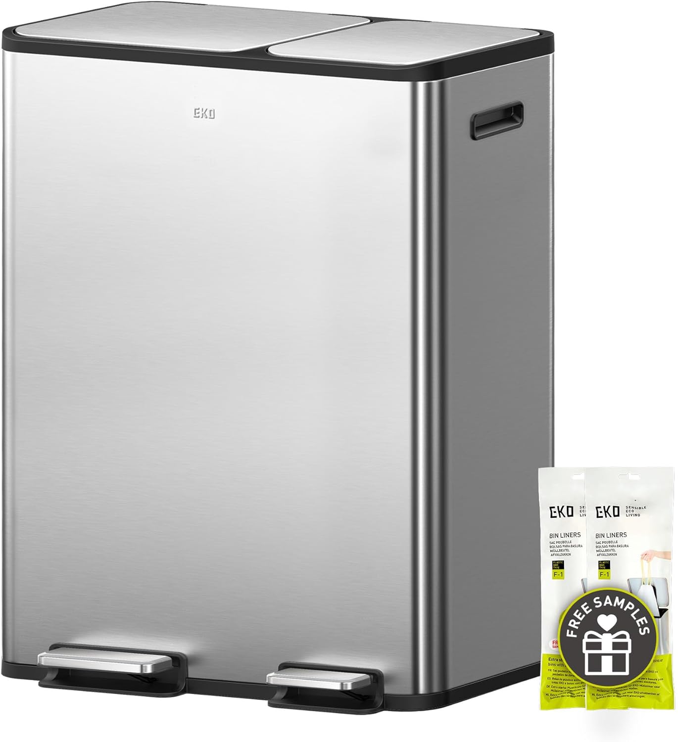 EKO EcoCasa II 36L+24L Dual Trash Can with Recycle Bin, Stainless Steel Garbage Can with Lid, Deodorizer Compartment, Odor-Proof and Fingerprint Resistant
