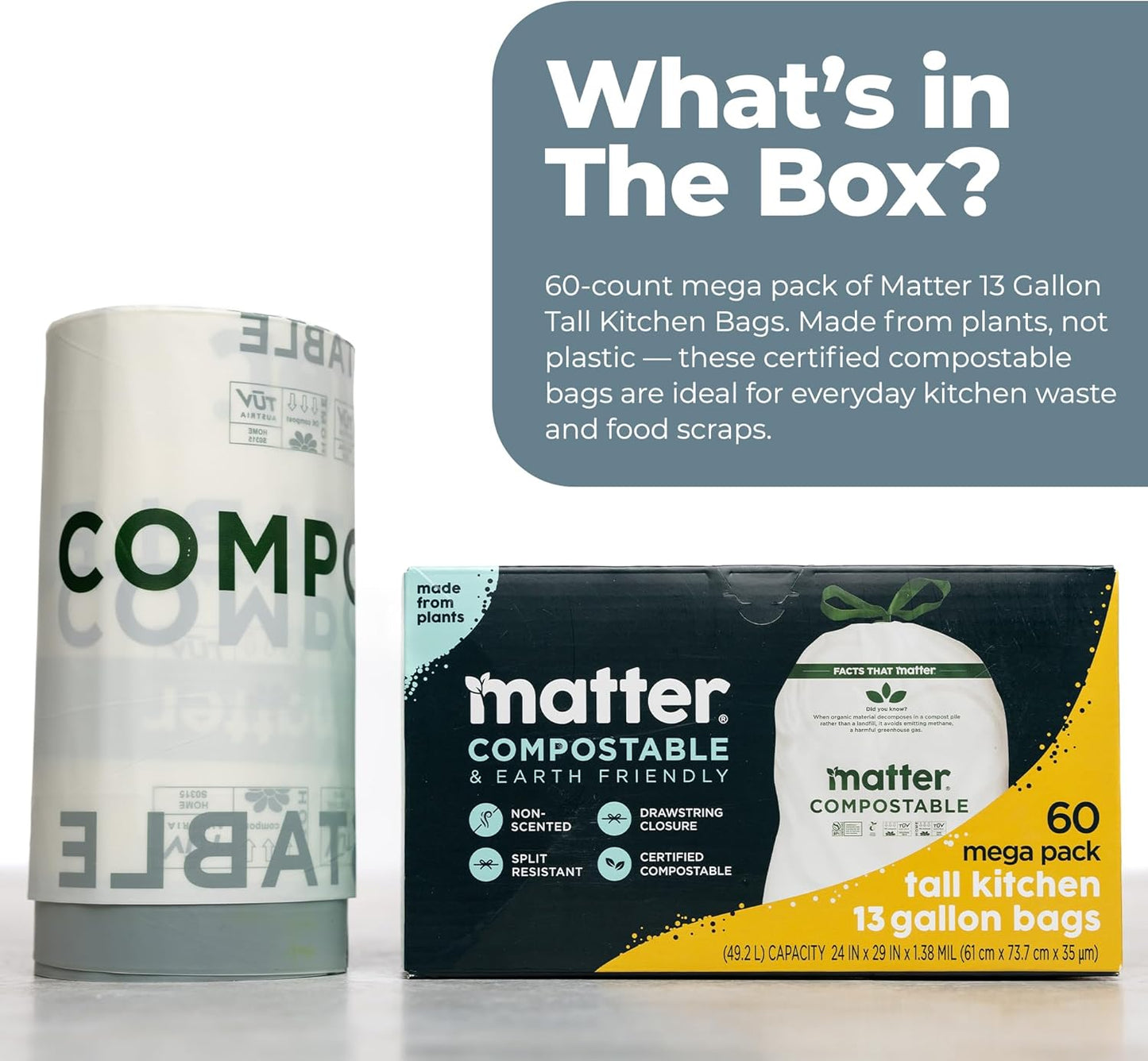 Matter Compostable 13 Gallon Tall Kitchen Trash Bags with Drawstring, Eco-Friendly, Unscented, Durable, Leak-Resistant, 60 Count