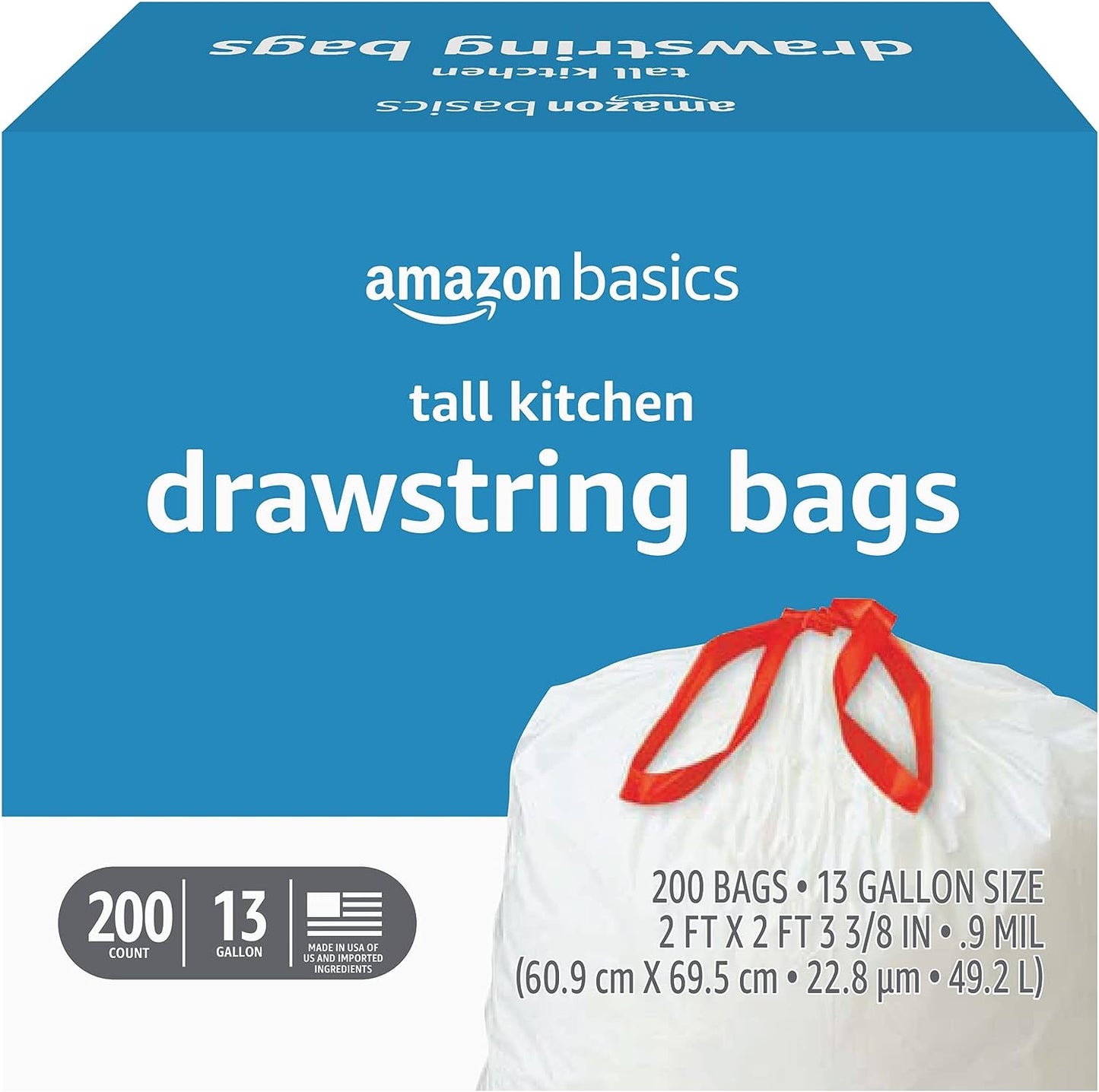 Amazon Basics Trash Bags, Tall Kitchen Drawstring, Unscented, 13 Gallon, 120 Count, Pack of 1