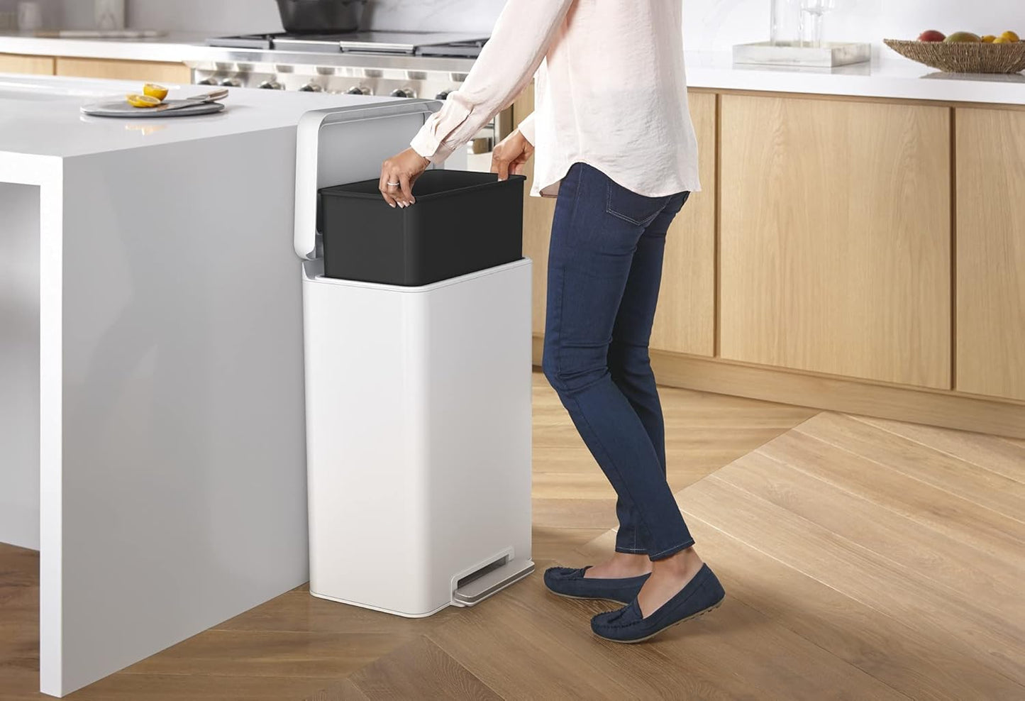 KOHLER 13-Gallon Stainless Steel Step Trash Can, White Stainless Steel, Hands-Free Pedal, Quiet-Close Lid, Fingerprint-Resistant, Durable, K-20940-STW