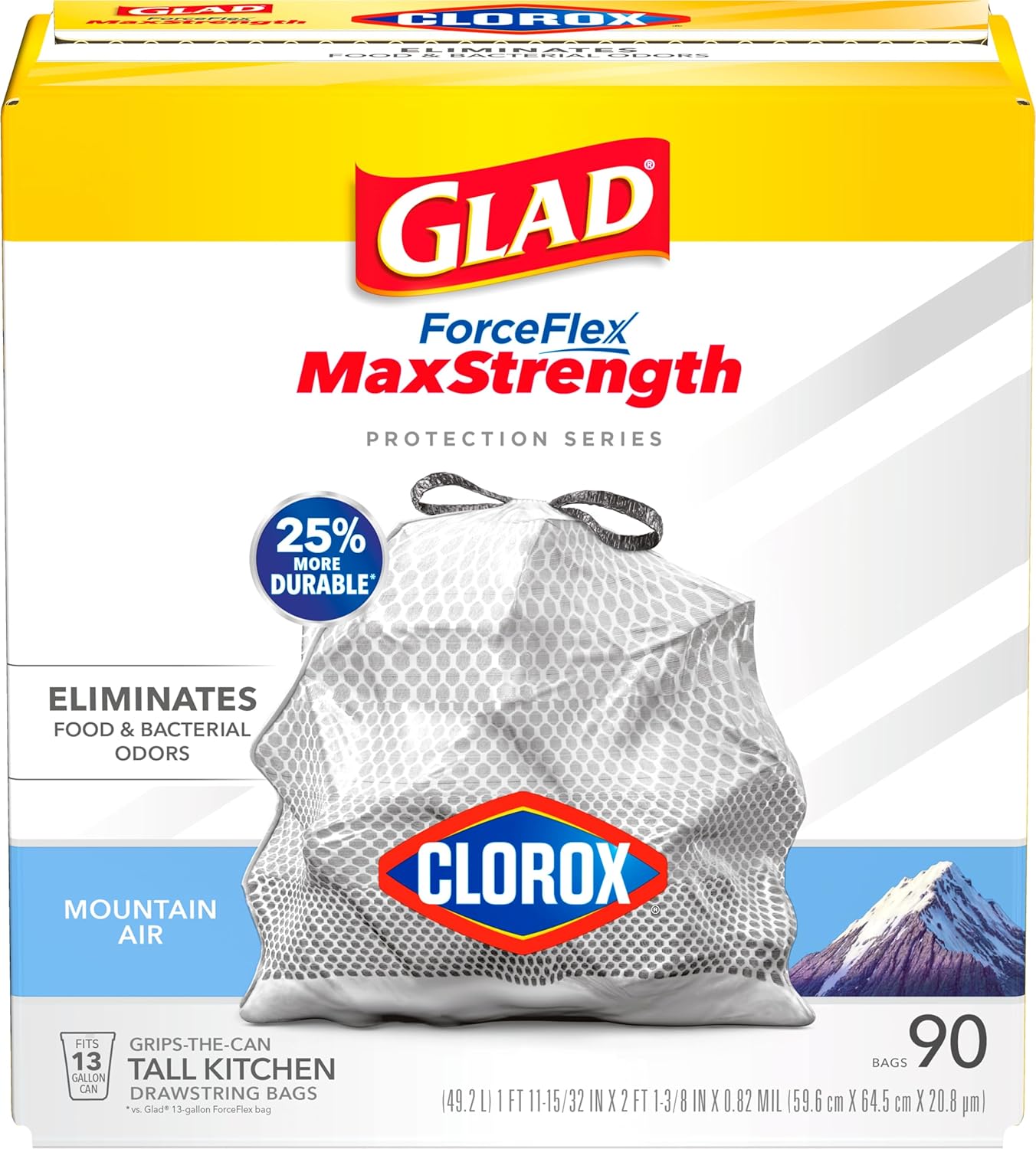 Glad Trash Bags, Tall Kitchen Garbage Bags ForceFlexPlus with Clorox, 13 Gallon, Eucalyptus and Peppermint, 90 Count (Package May Vary)