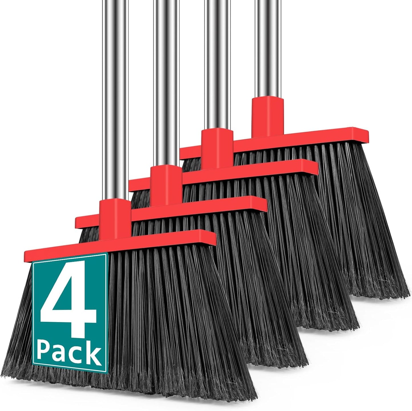 4 Pack Heavy Duty Broom Outdoor, 58" Long Stainless Steel Handle, Hard Bristle Angle Broom for Floors，Commercial & Industrial Broom for Sweeping Indoor, Garage, Kitchen