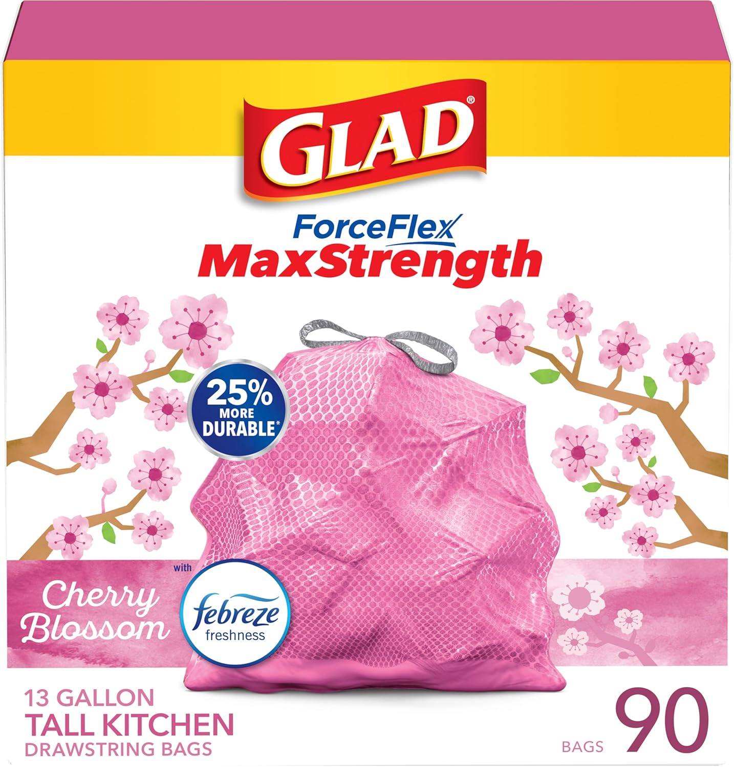 Glad Trash Bags, Tall Kitchen Garbage Bags ForceFlexPlus with Clorox, 13 Gallon, Eucalyptus and Peppermint, 90 Count (Package May Vary)
