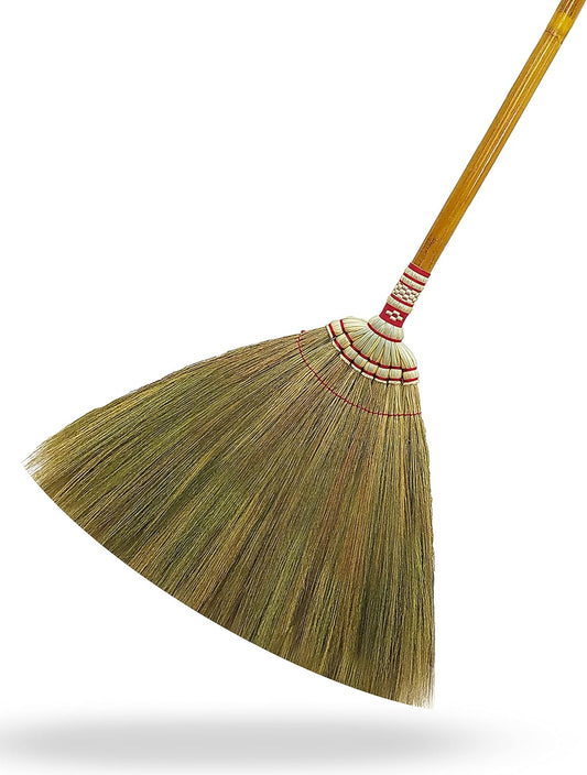 Indoor Grass Broom 40 Inch with Bamboo Handled Brooms for Floor Cleaning, Smooth & Hard Floor - Sweeping Tool Unique Handmade Craft Broom Design for Home, Kitchen, Office, Courtyard, Tiled Floor