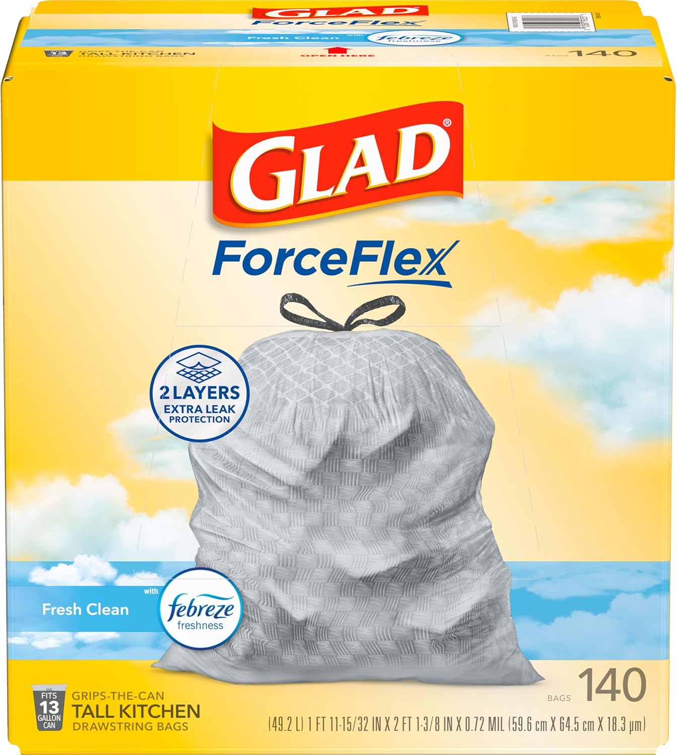 Glad Tall Kitchen Drawstring Trash Bags - Odorshield 13 Gallon White Trash Bag, Febreze Fresh Clean, 110 Count