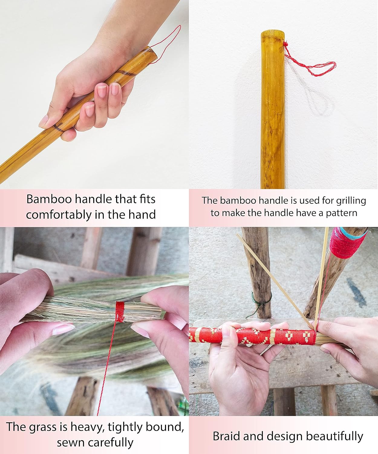 Indoor Grass Broom 40 Inch with Bamboo Handled Brooms for Floor Cleaning, Smooth & Hard Floor - Sweeping Tool Unique Handmade Craft Broom Design for Home, Kitchen, Office, Courtyard, Tiled Floor