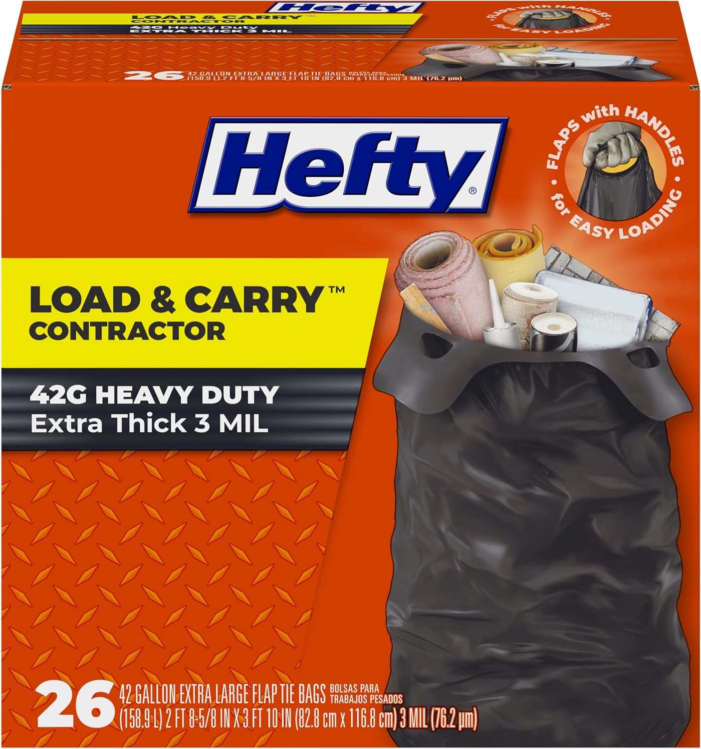 Hefty Load & Carry Heavy Duty Contractor Large Trash Bags, 42 Gallon, 26 Count