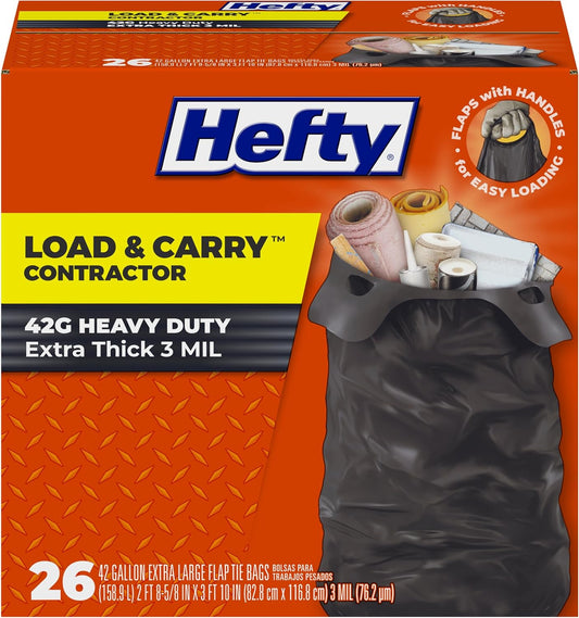 Hefty Load & Carry Heavy Duty Contractor Large Trash Bags, 42 Gallon, 26 Count
