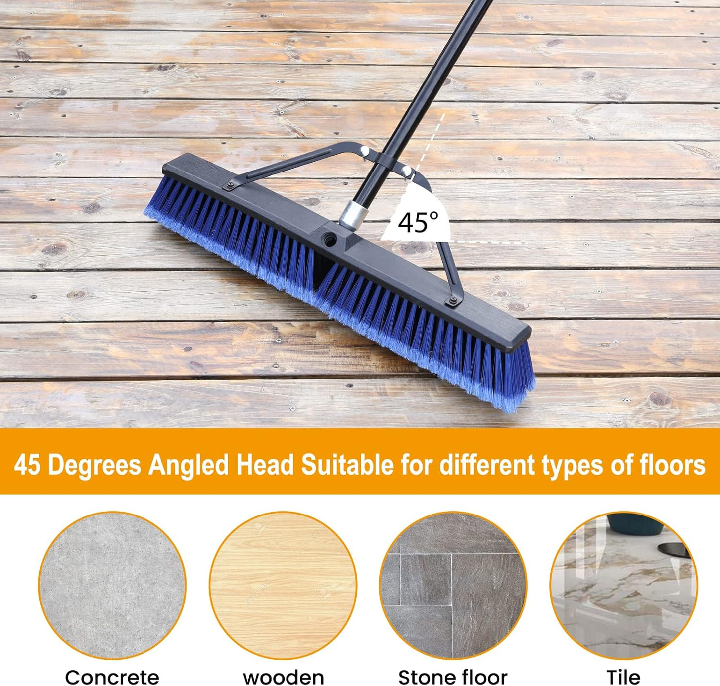 24 inches Push Broom Outdoor Heavy Duty Broom for Deck Driveway Garage Yard Patio Concrete Floor Cleaning-Blue-2 Pack
