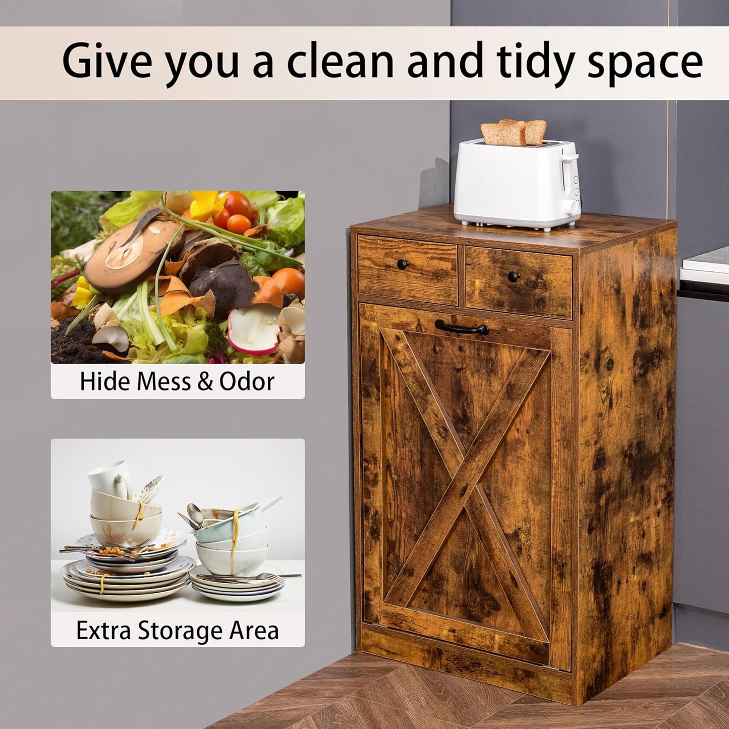 13 Gallons Tilt Out Trash Can Cabinet, Wooden Trash Cabinet with 2 Drawers, Free Standing Kichen Waste Bin Recycling Cabinet Pet Proof Hidden Trash Cabinet for Kitchen (Brown)