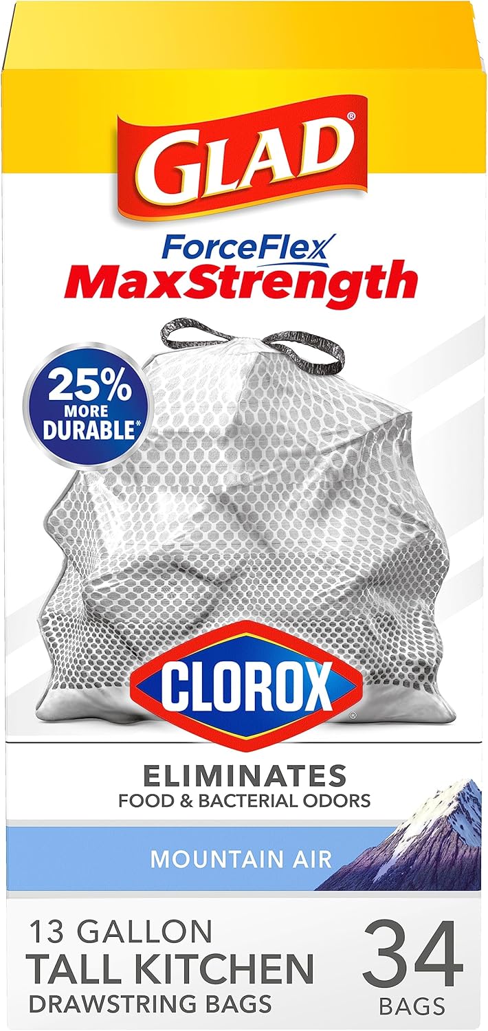 Glad Trash Bags, Tall Kitchen Garbage Bags ForceFlexPlus with Clorox, 13 Gallon, Eucalyptus and Peppermint, 90 Count (Package May Vary)