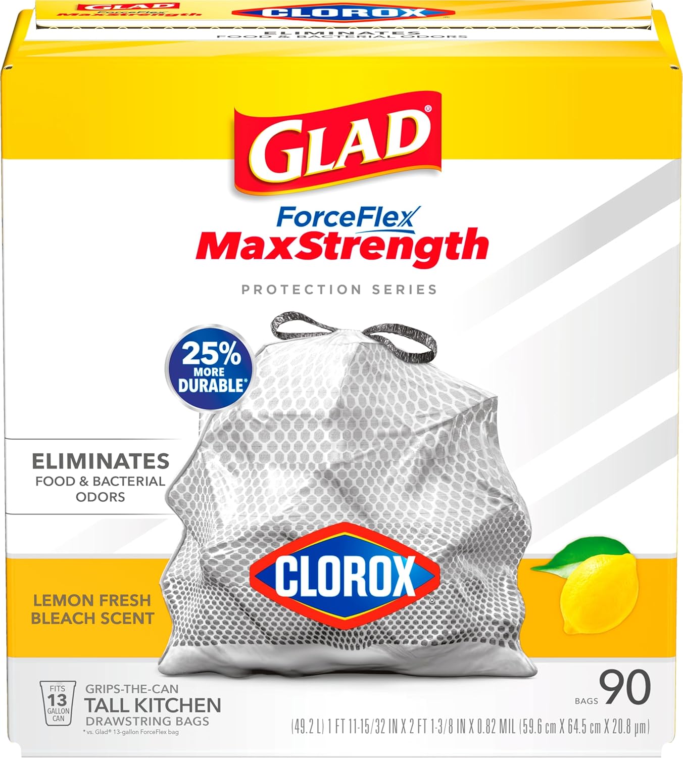 Glad Trash Bags, Tall Kitchen Garbage Bags ForceFlexPlus with Clorox, 13 Gallon, Eucalyptus and Peppermint, 90 Count (Package May Vary)