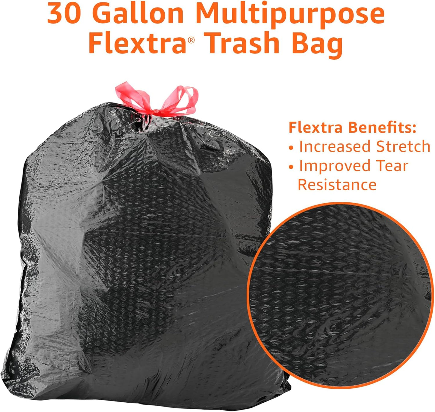 Amazon Basics 30 Gallon Flextra Strength Multipurpose Drawstring Trash Bags, 20% Post Consumer Recycled, 50 count