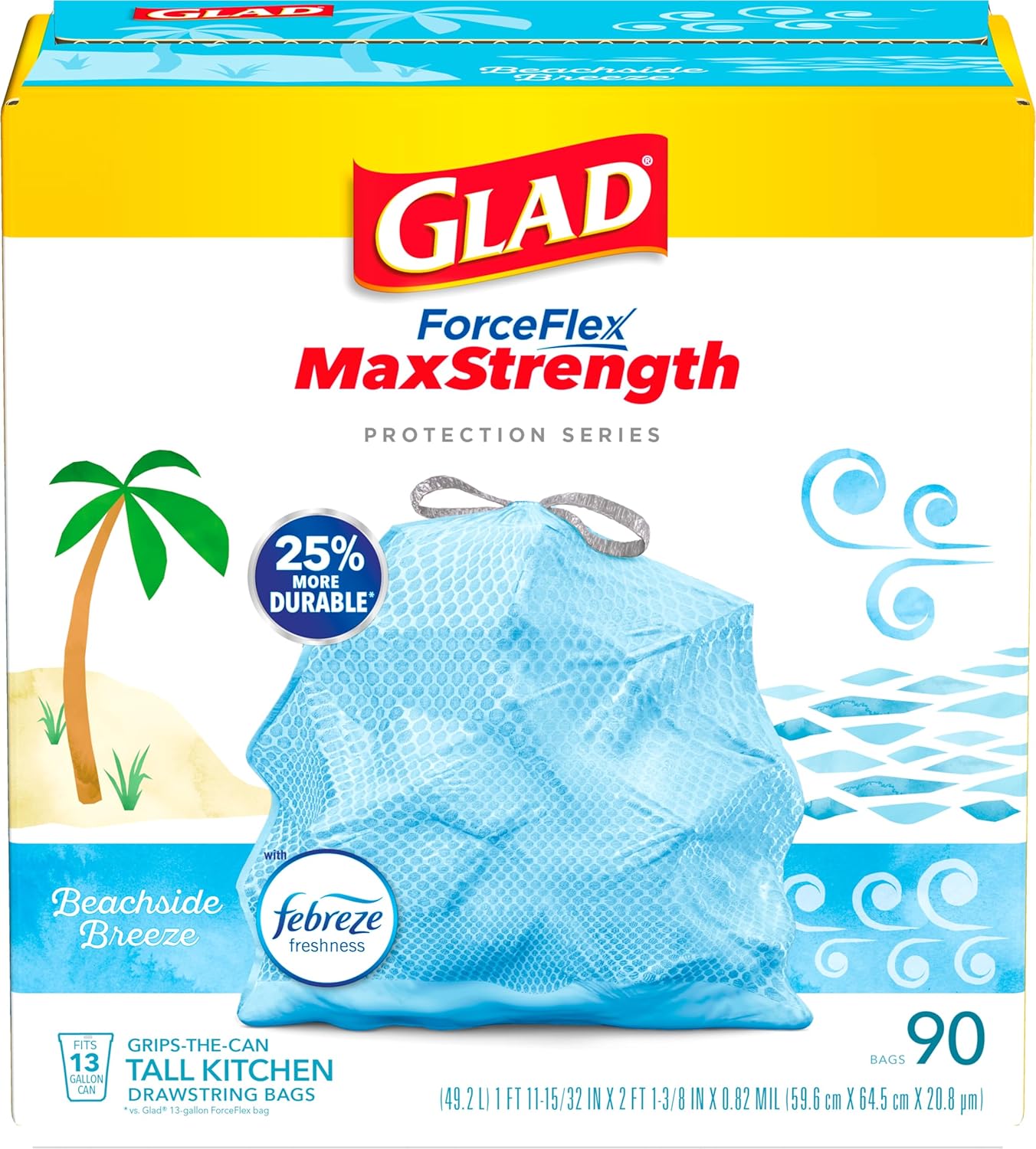 Glad Trash Bags, Tall Kitchen Garbage Bags ForceFlexPlus with Clorox, 13 Gallon, Eucalyptus and Peppermint, 90 Count (Package May Vary)