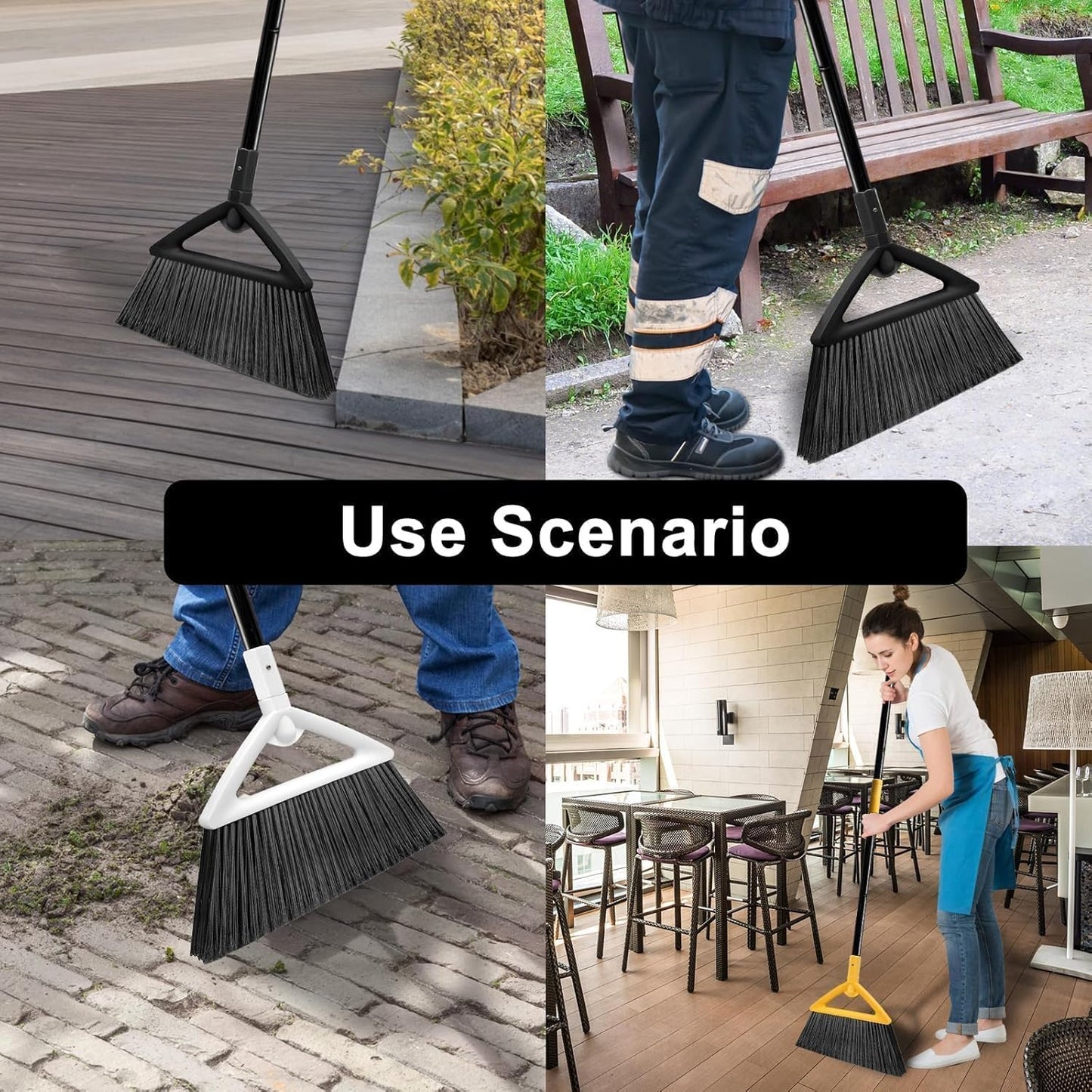 3PCS Outdoor Indoor Broom, Brooms for Sweeeping Indoor, Heavy-Duty Kitchen Broom with Long Pole, Angle Broom for Garages Restaurant Courtyard Office Lobby Sweep Dust (Black-White-Yellow)
