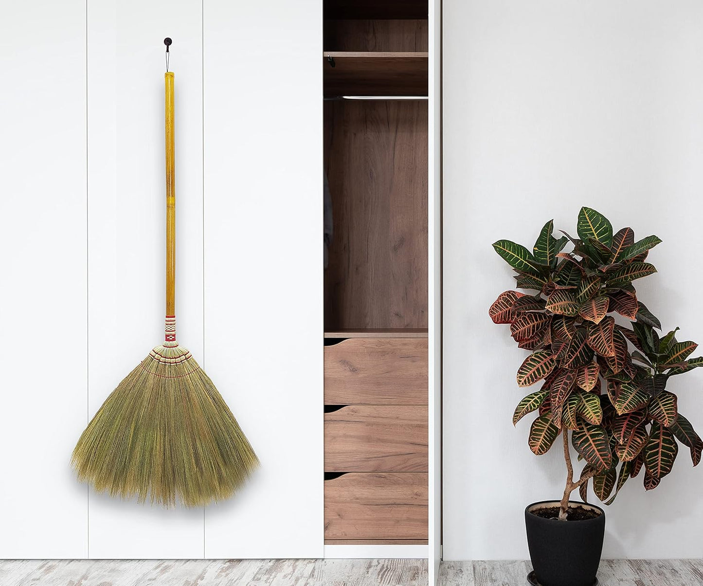 Indoor Grass Broom 40 Inch with Bamboo Handled Brooms for Floor Cleaning, Smooth & Hard Floor - Sweeping Tool Unique Handmade Craft Broom Design for Home, Kitchen, Office, Courtyard, Tiled Floor