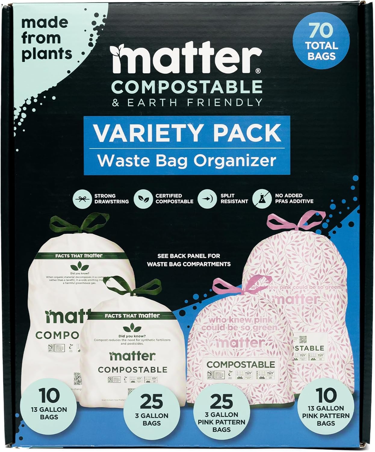 Matter Compostable 13 Gallon Tall Kitchen Trash Bags with Drawstring, Eco-Friendly, Unscented, Durable, Leak-Resistant, 60 Count