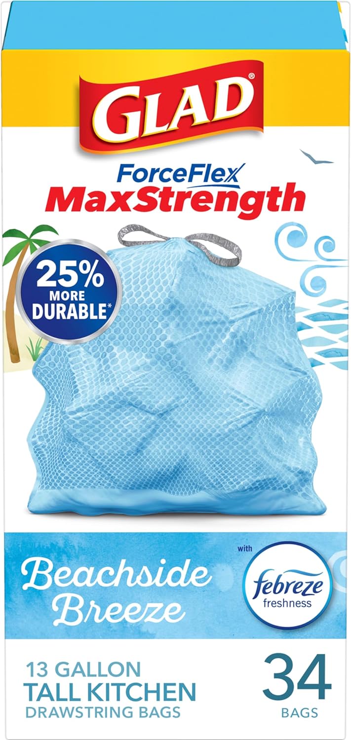 Glad Trash Bags, Tall Kitchen Garbage Bags ForceFlexPlus with Clorox, 13 Gallon, Eucalyptus and Peppermint, 90 Count (Package May Vary)