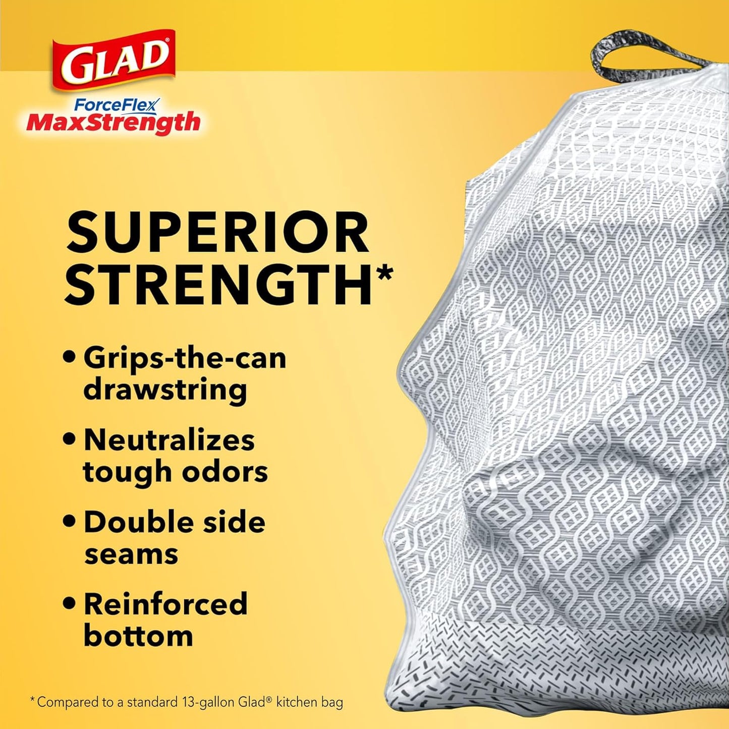 Glad Trash Bags, Tall Kitchen Garbage Bags ForceFlexPlus with Clorox, 13 Gallon, Eucalyptus and Peppermint, 90 Count (Package May Vary)