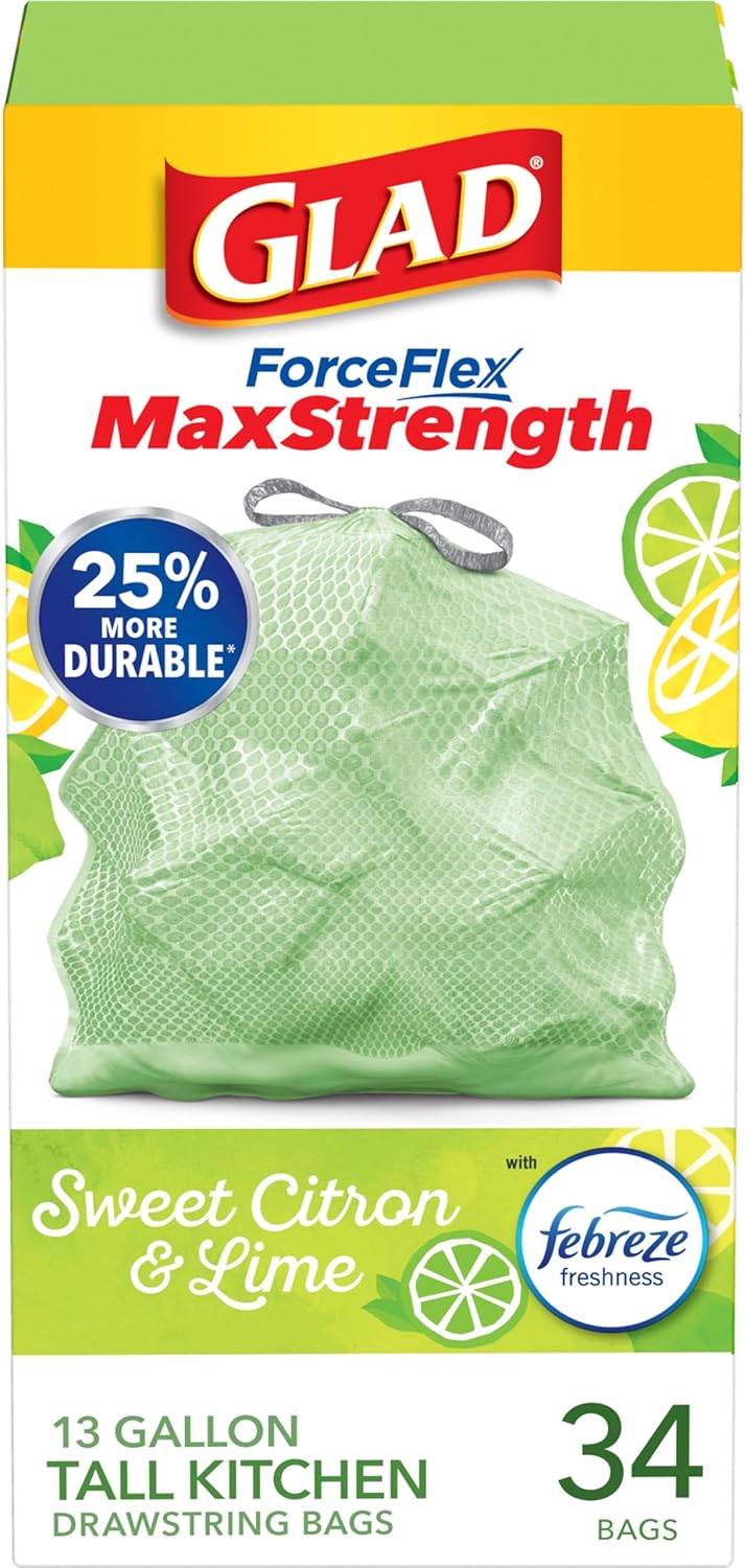 Glad Trash Bags, Tall Kitchen Garbage Bags ForceFlexPlus with Clorox, 13 Gallon, Eucalyptus and Peppermint, 90 Count (Package May Vary)