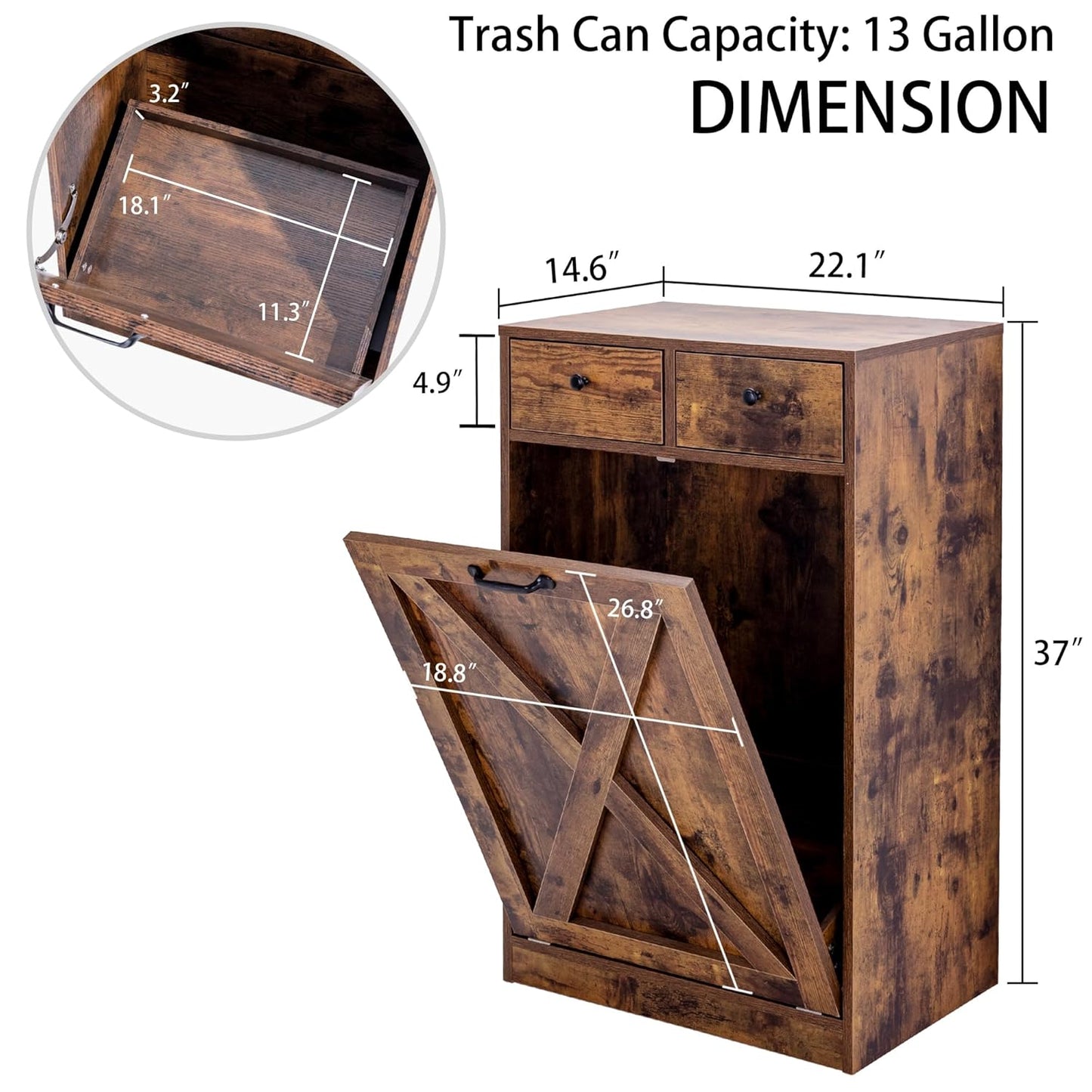13 Gallons Tilt Out Trash Can Cabinet, Wooden Trash Cabinet with 2 Drawers, Free Standing Kichen Waste Bin Recycling Cabinet Pet Proof Hidden Trash Cabinet for Kitchen (Brown)