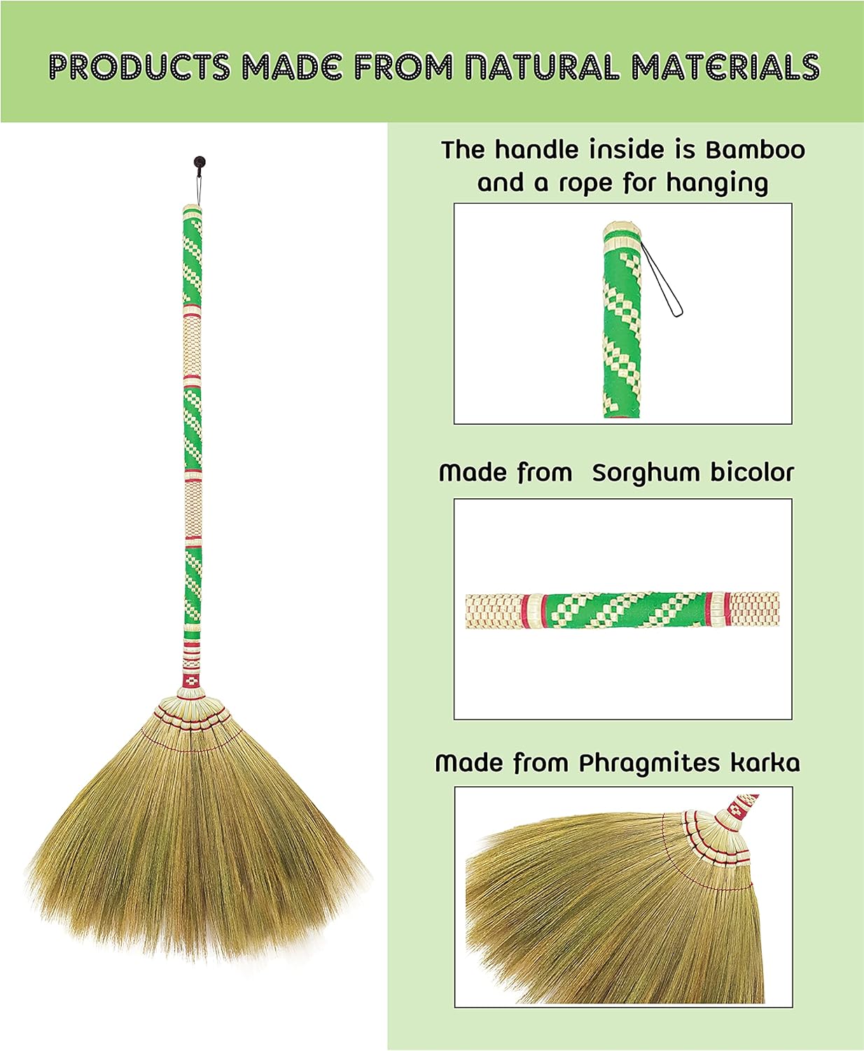 Natural Grass Broom Thai 100% ,Long Handle,Brooms for Floor Cleaning,Design for Home, Kitchen, Office, Courtyard, Tiled Floor ( Length 40 inch )