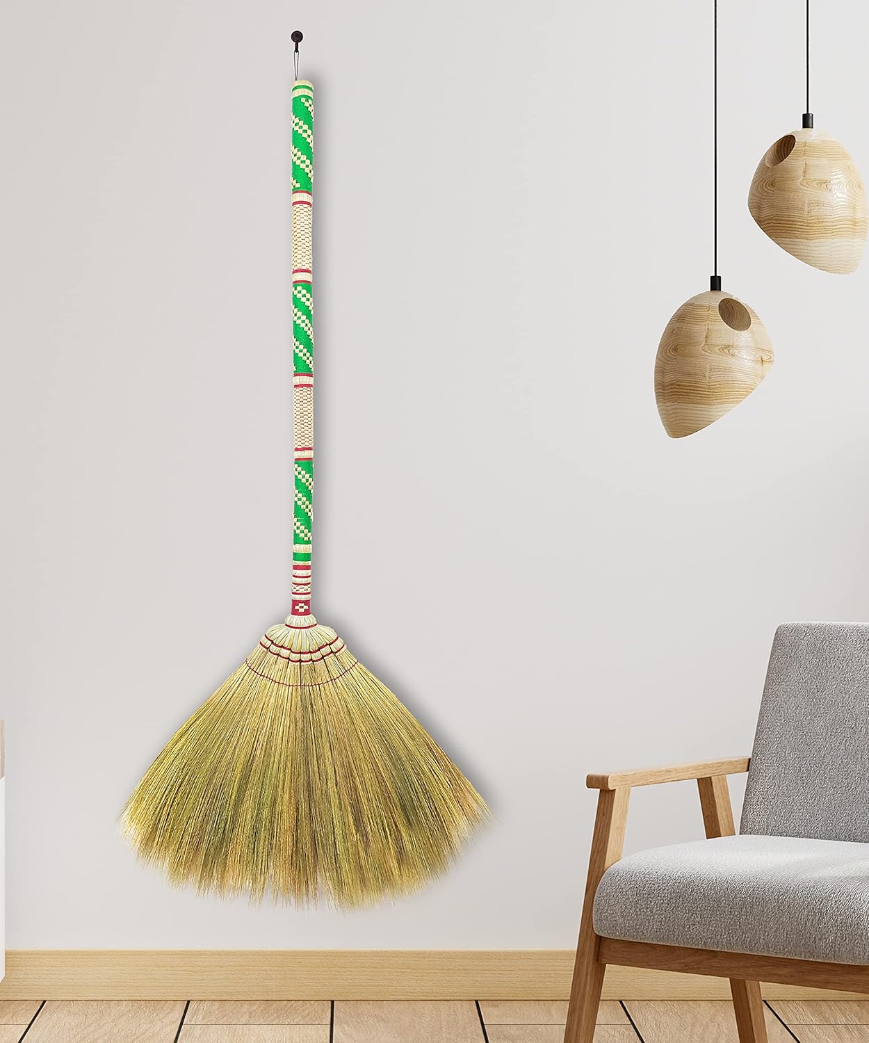 Natural Grass Broom Thai 100% ,Long Handle,Brooms for Floor Cleaning,Design for Home, Kitchen, Office, Courtyard, Tiled Floor ( Length 40 inch )