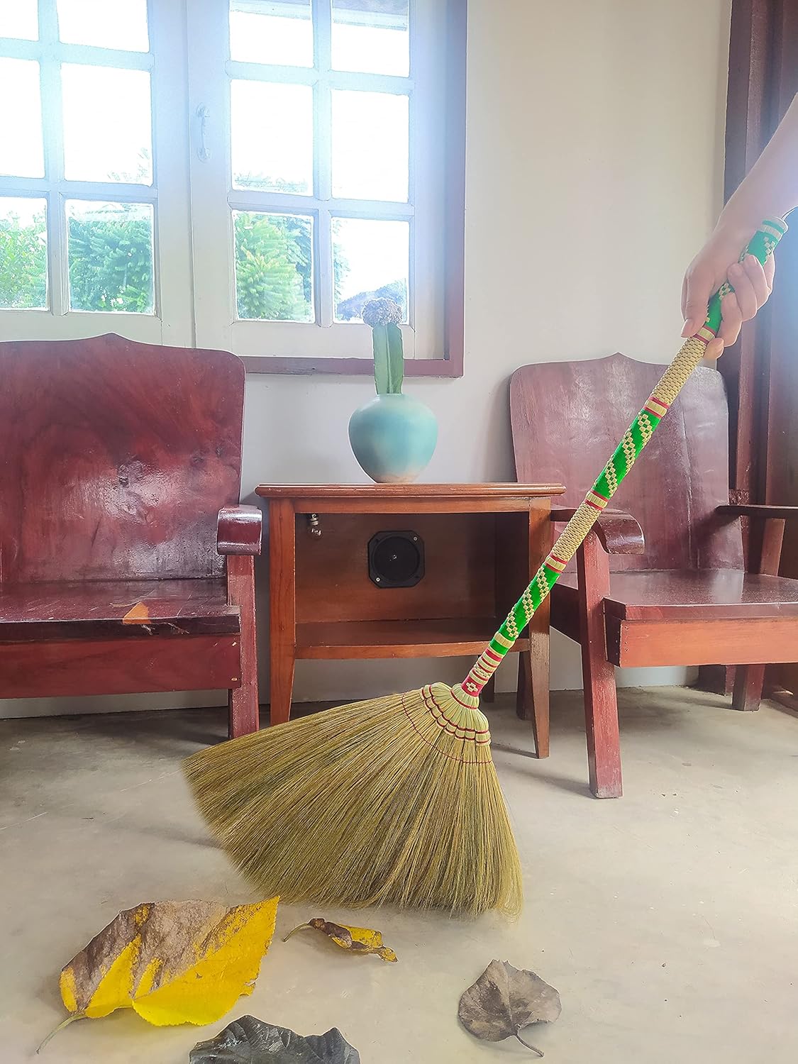 Natural Grass Broom Thai 100% ,Long Handle,Brooms for Floor Cleaning,Design for Home, Kitchen, Office, Courtyard, Tiled Floor ( Length 40 inch )