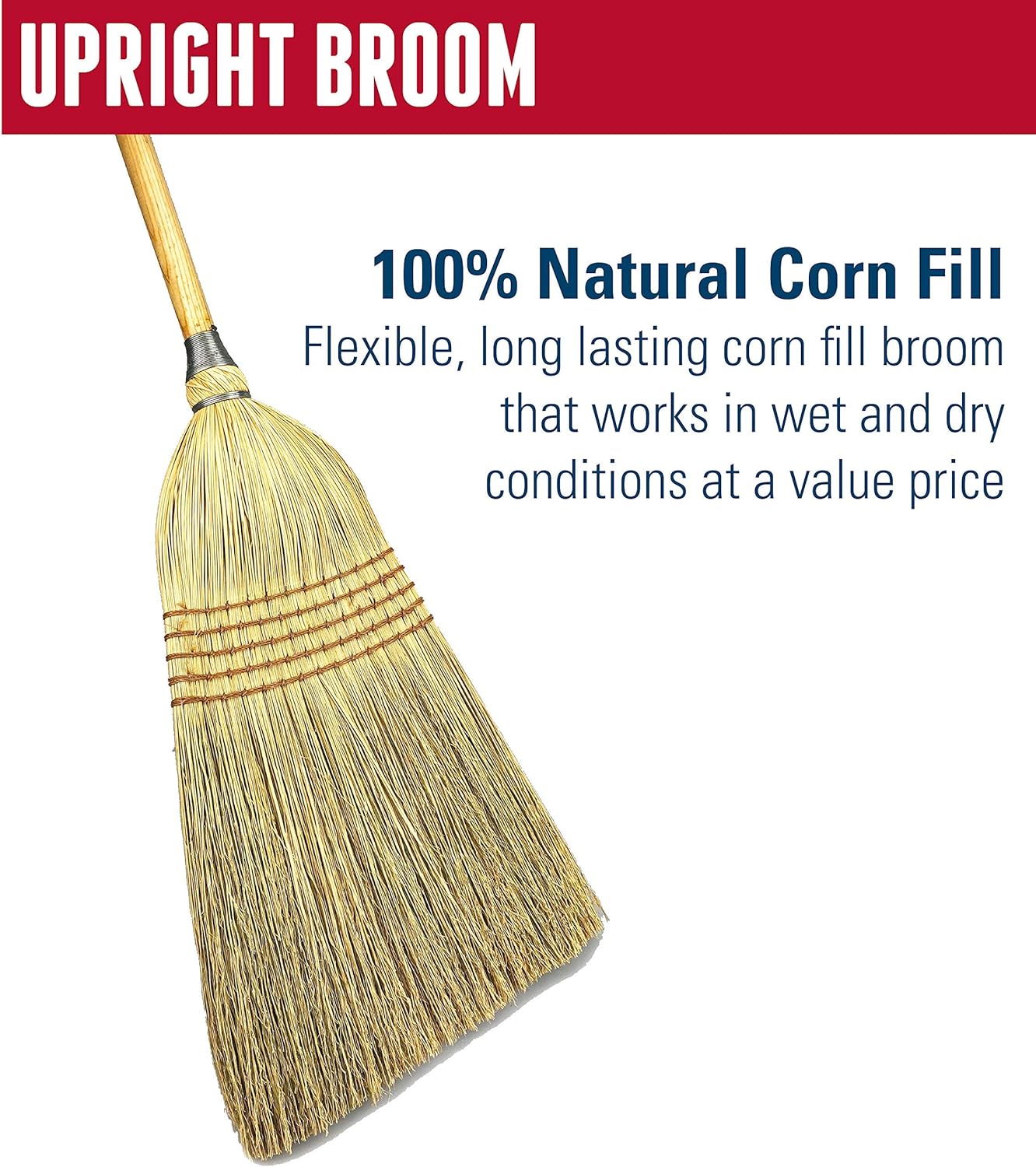 Weiler 44008 Corn Fiber Heavy-Duty Wire Banded Warehouse Broom with Wood Handle, 1-1/2" Head Width, 57" Overall Length, Tan