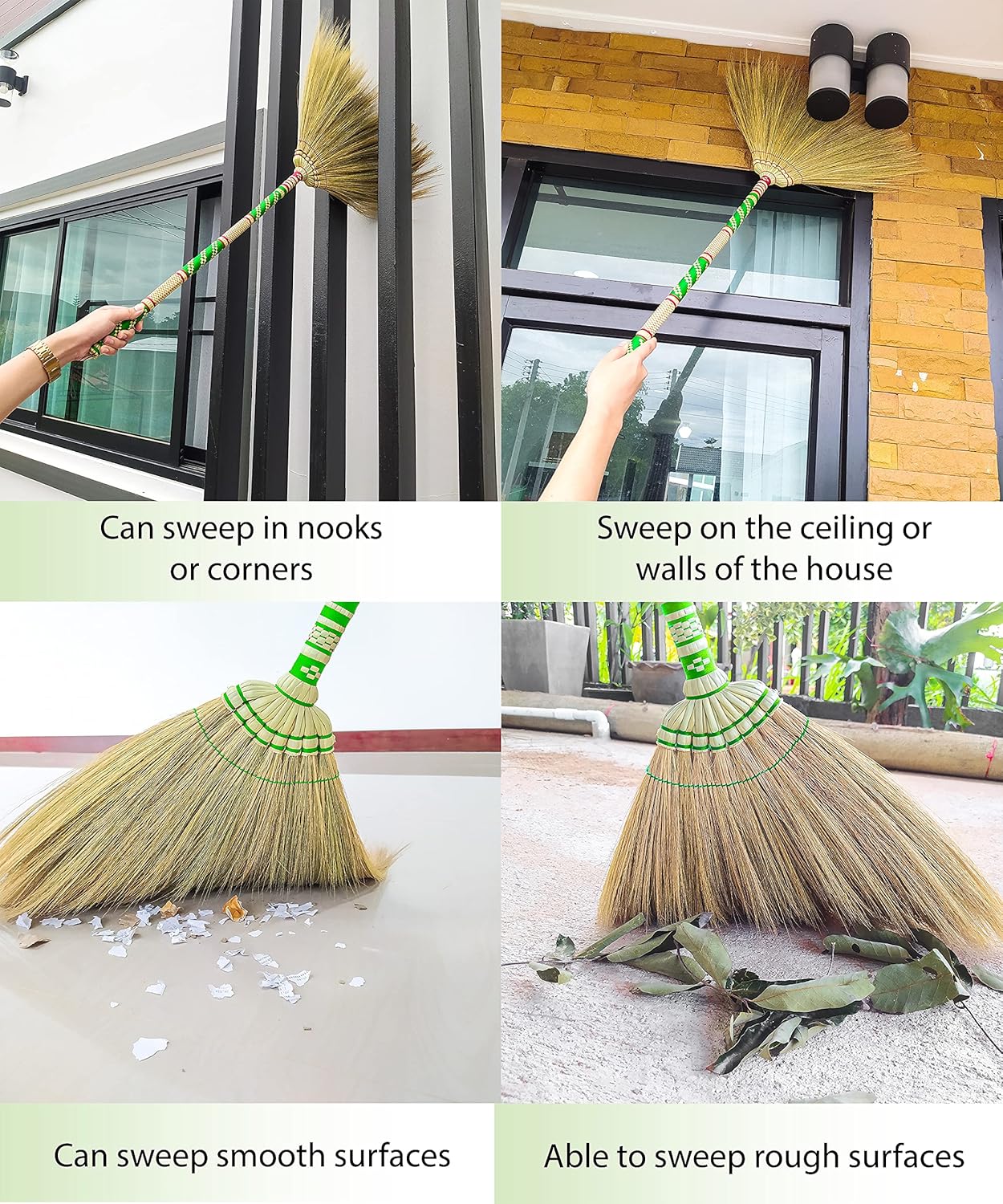 Natural Grass Broom Thai 100% ,Long Handle,Brooms for Floor Cleaning,Design for Home, Kitchen, Office, Courtyard, Tiled Floor ( Length 40 inch )